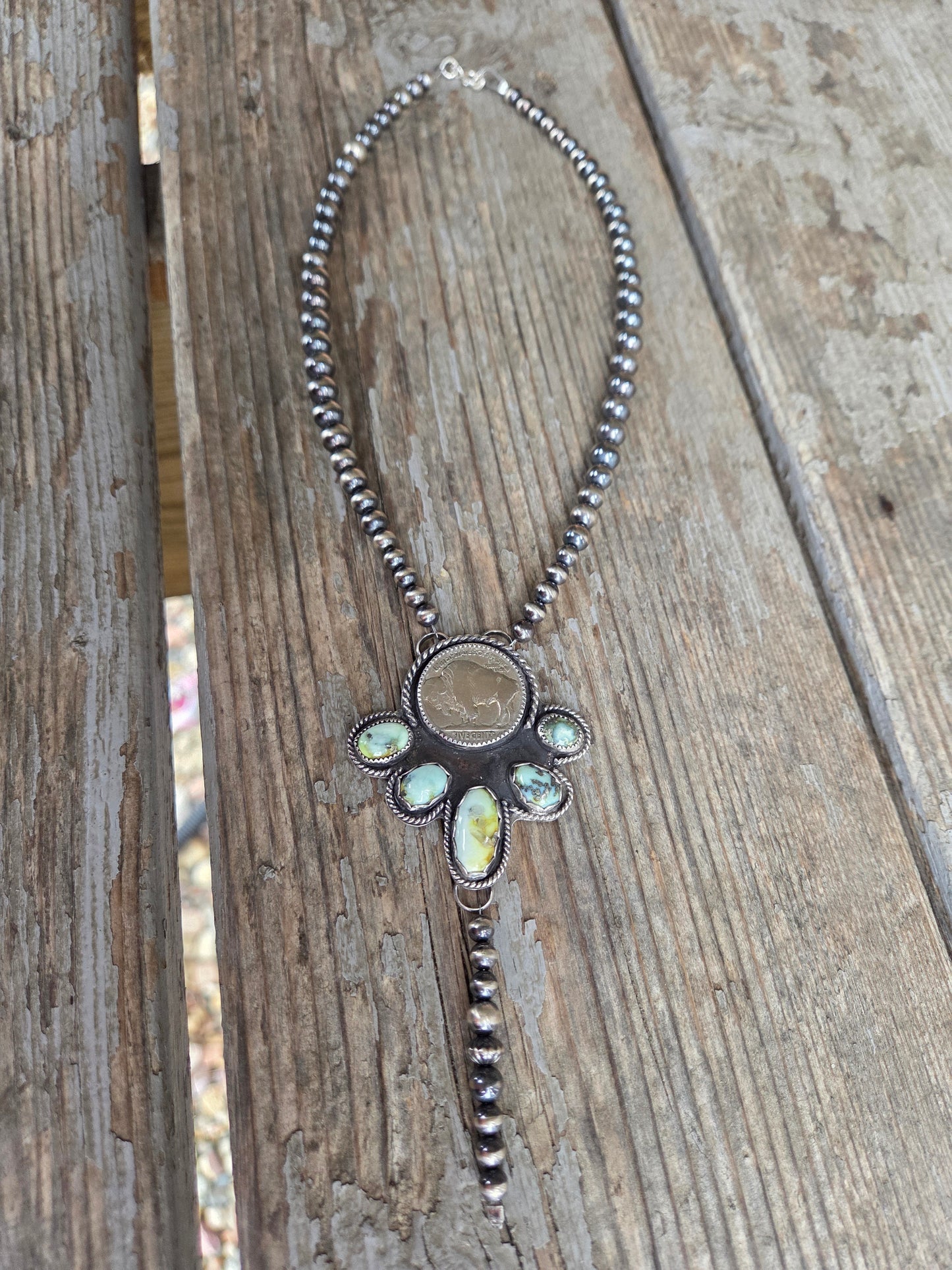 Buffalo Coin• Palomino & Sterling Silver Navajo Style Pearls. 16 inches