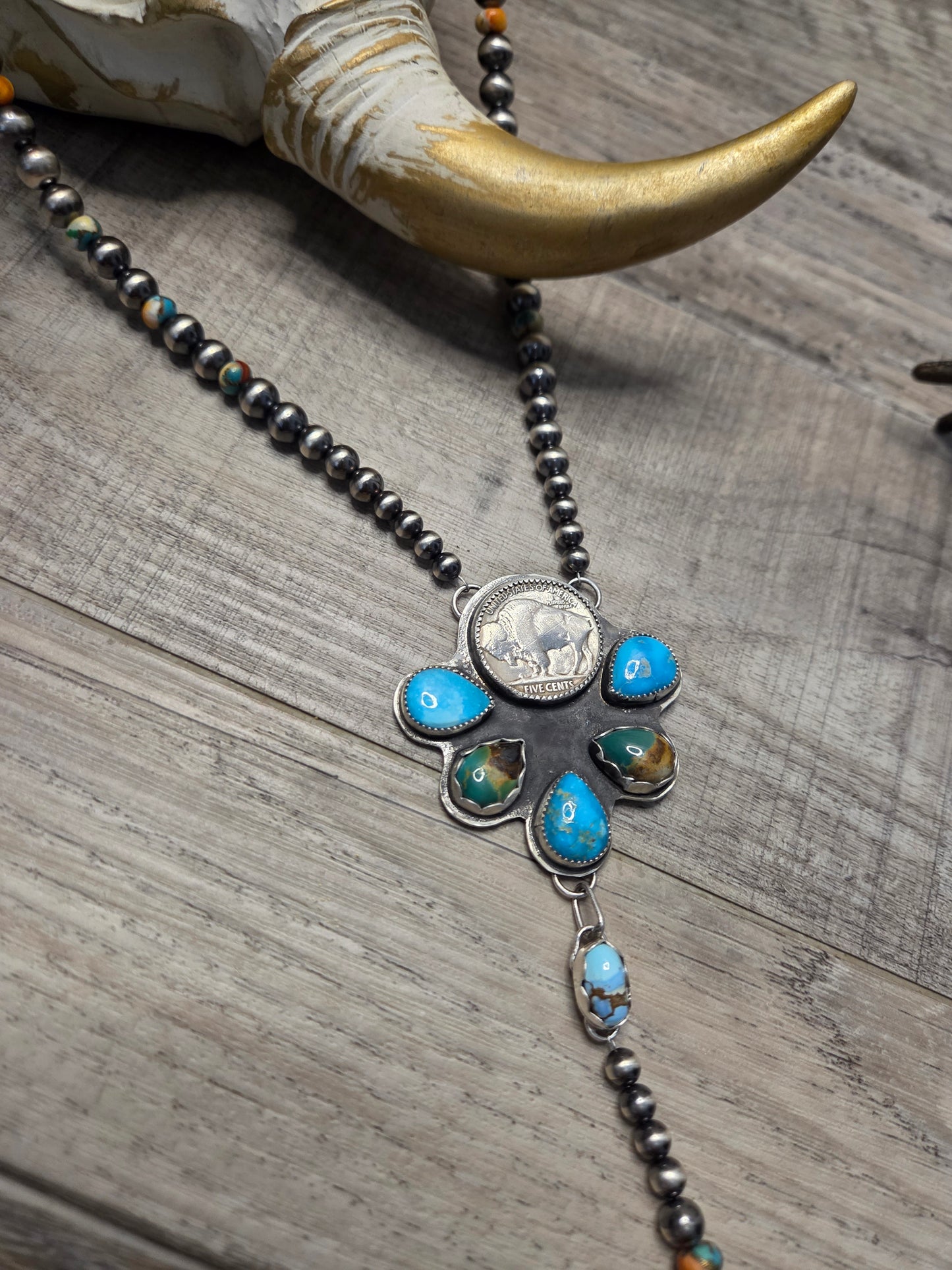 Buffalo Coin• Blue Bird Turquoise • Kingsmen Turquoise • Golden Hills Turquoise. Sterling Pearls & Spiny Oyster Kingsmen