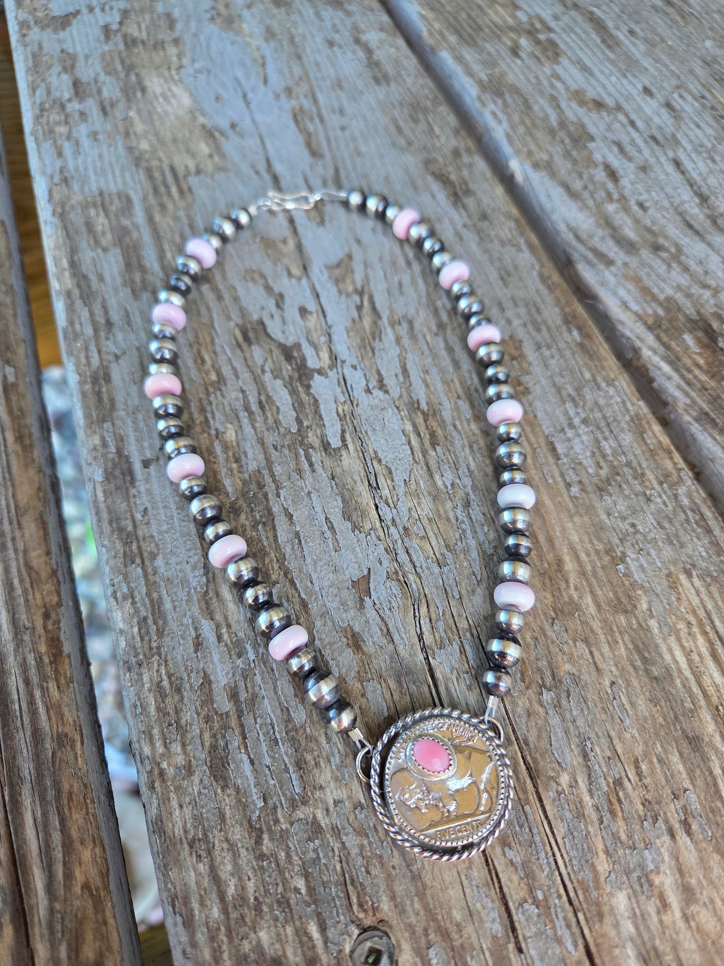 Buffalo Coin  & Pink Conch • Sterling Silver Pearls
