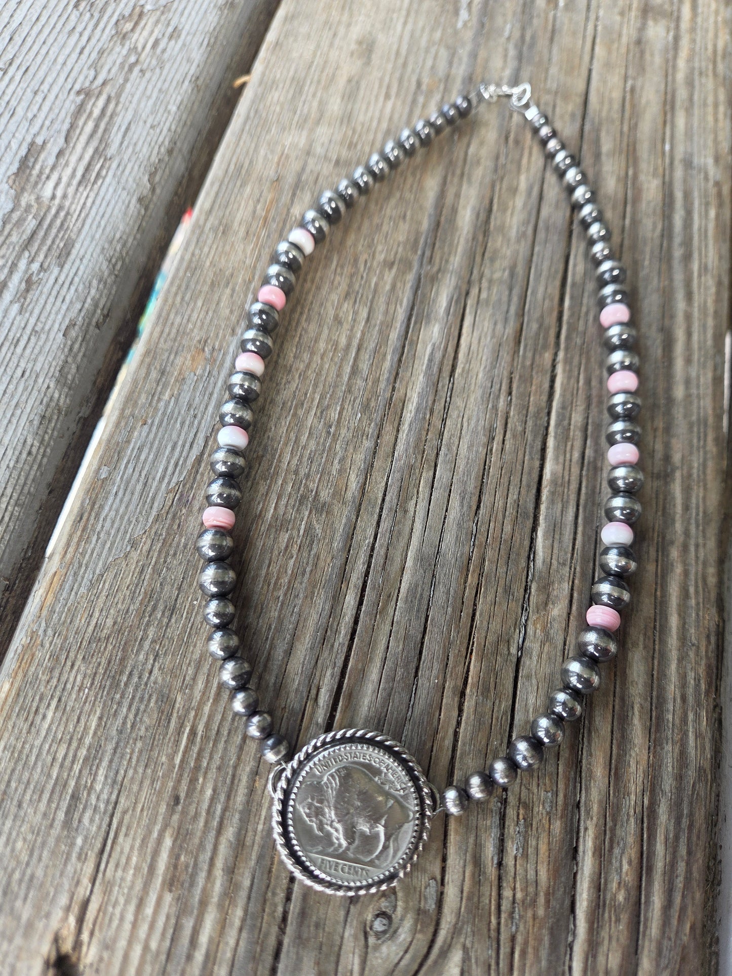 Buffalo Coin  & Pink Conch • Sterling Silver Pearls