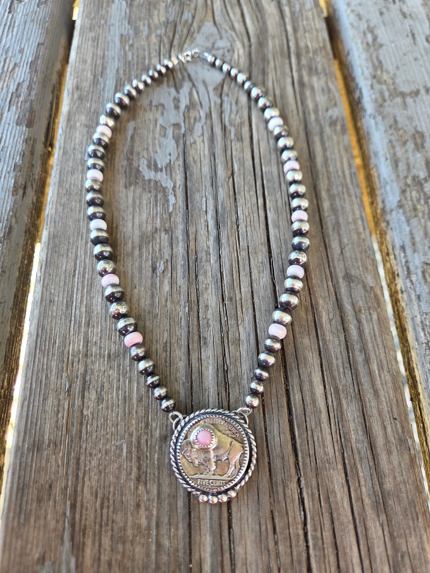 Buffalo Coin  & Pink Conch • Sterling Silver Pearls & Pink Conch Beads