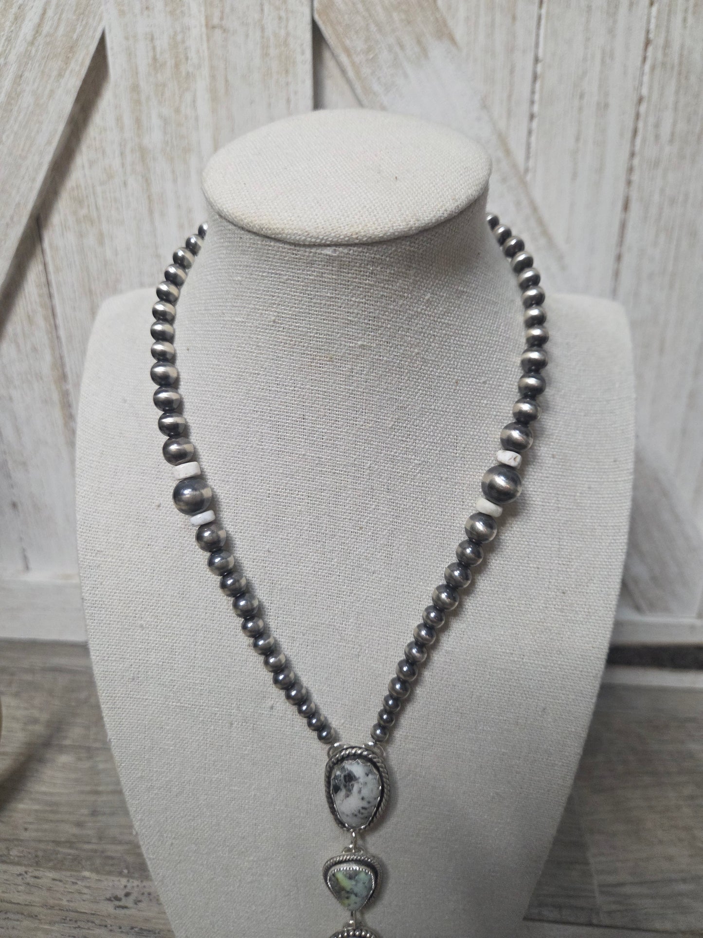 Lariat White Buffalo, Palomino, CottonCandy & Sterling Silver Navajo Style Pearl • 16 inches with 6 inch drop