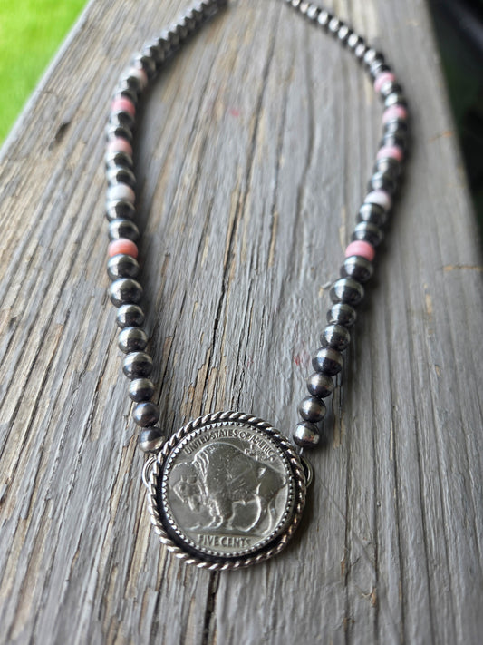 Buffalo Coin  & Pink Conch • Sterling Silver Pearls