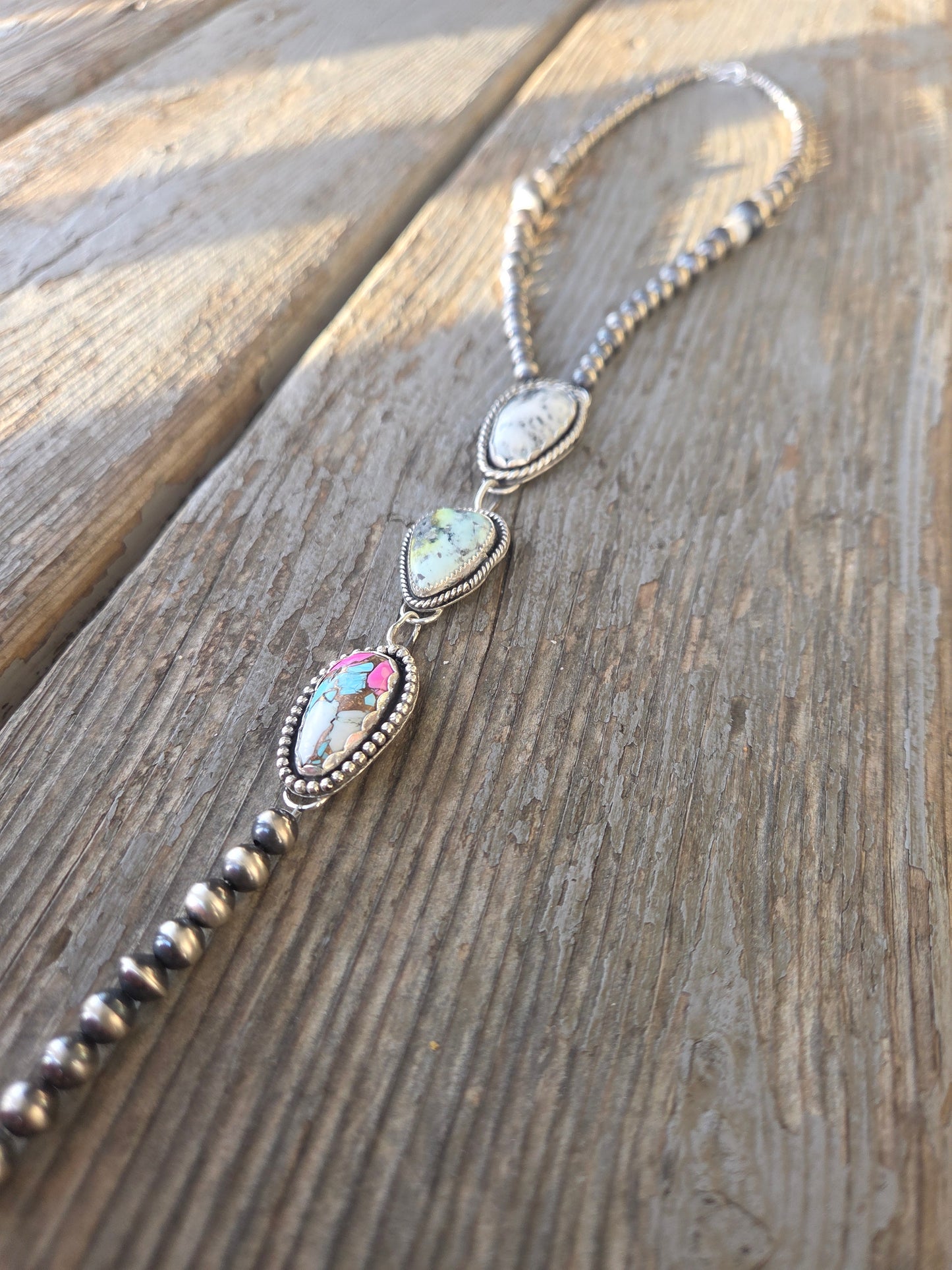 Lariat White Buffalo, Palomino, CottonCandy & Sterling Silver Navajo Style Pearl • 16 inches with 6 inch drop