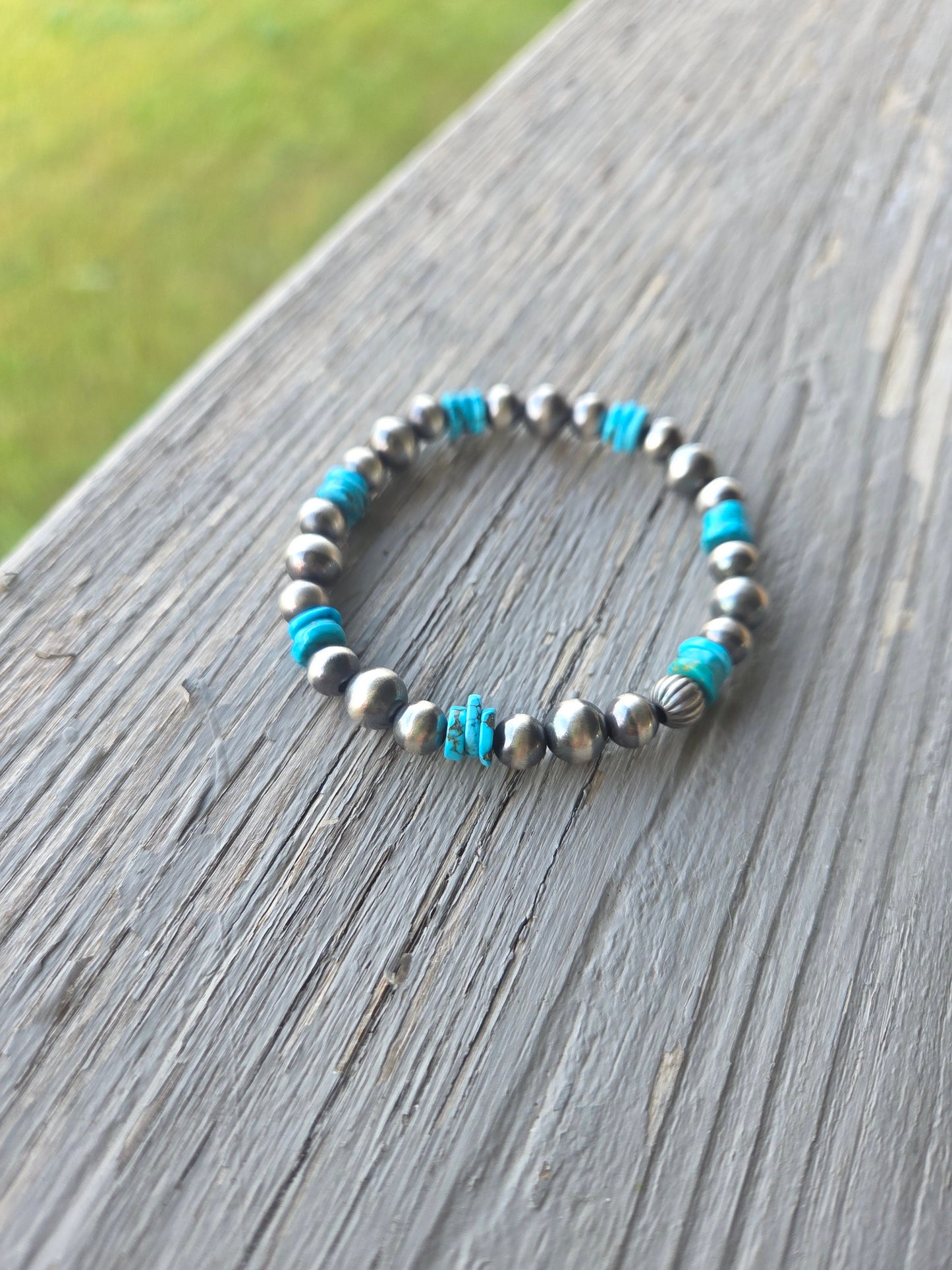 Turquoise & Sterling Silver Navajo Style Pearls.  Stretch Bracelet
