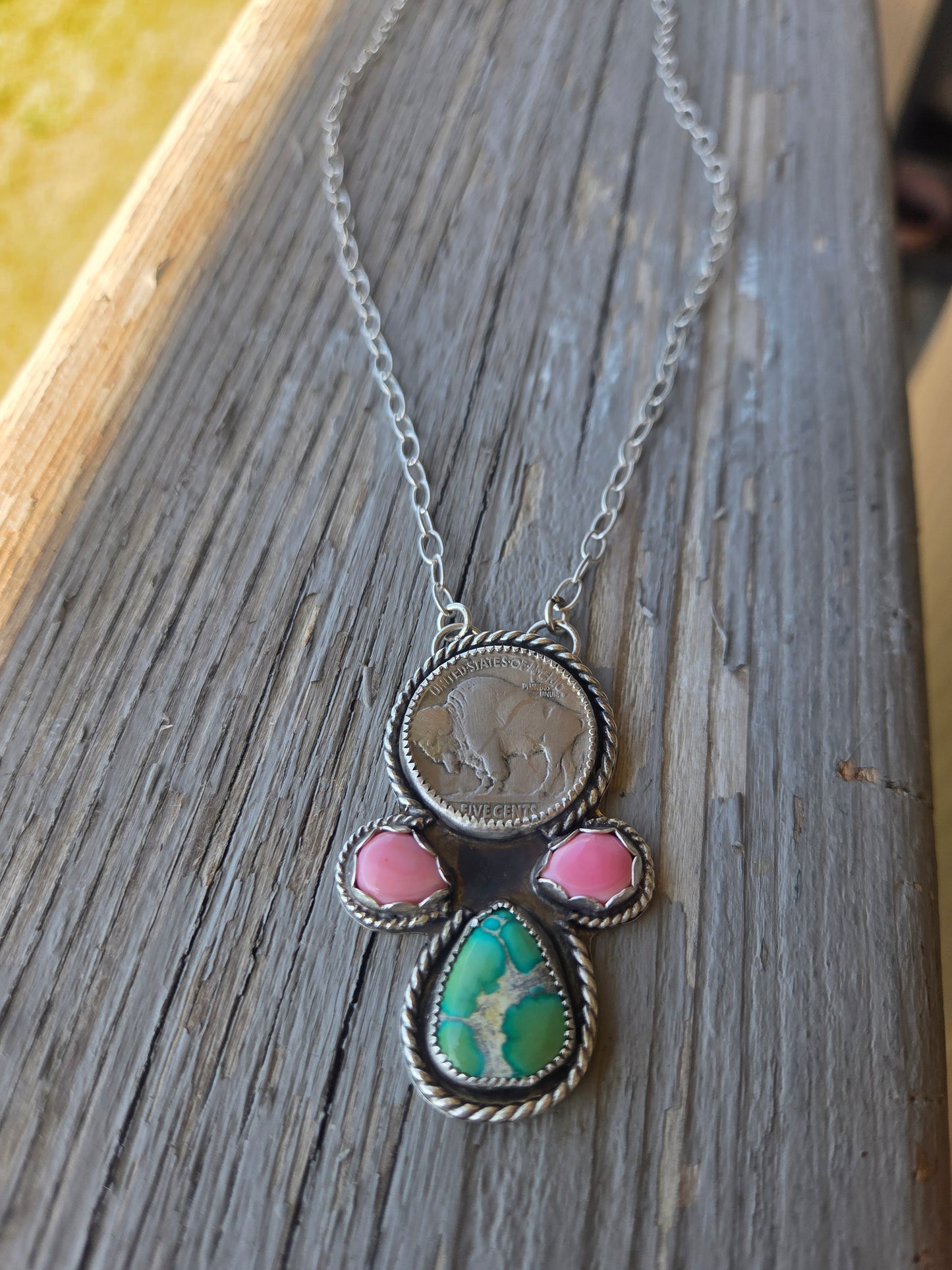 Buffalo Coin, Pink Conch, Emerald Valley Turquoise. 17 inch