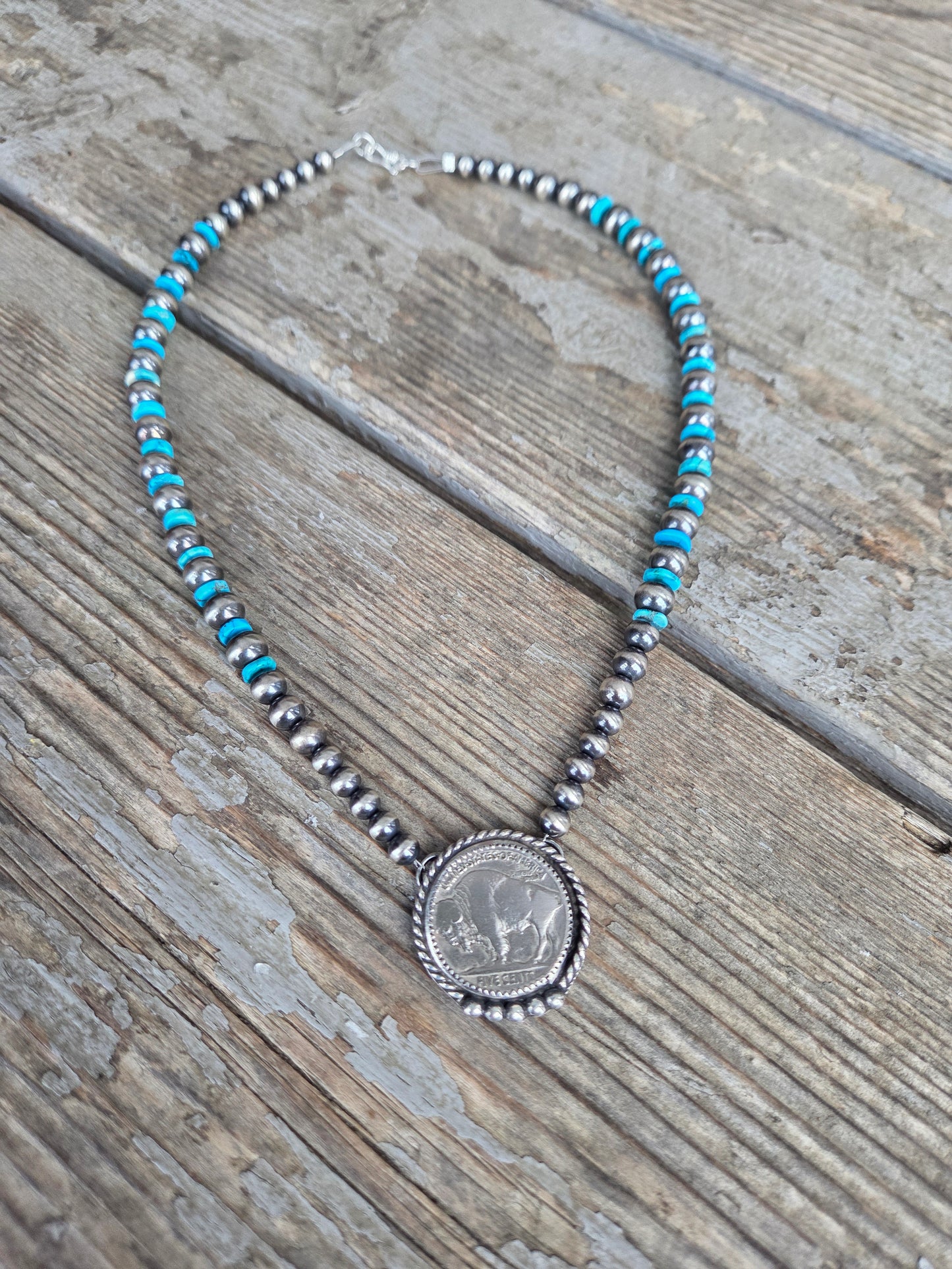 Buffalo Coin•Turquoise • Sterling Silver Navajo Style Pearls