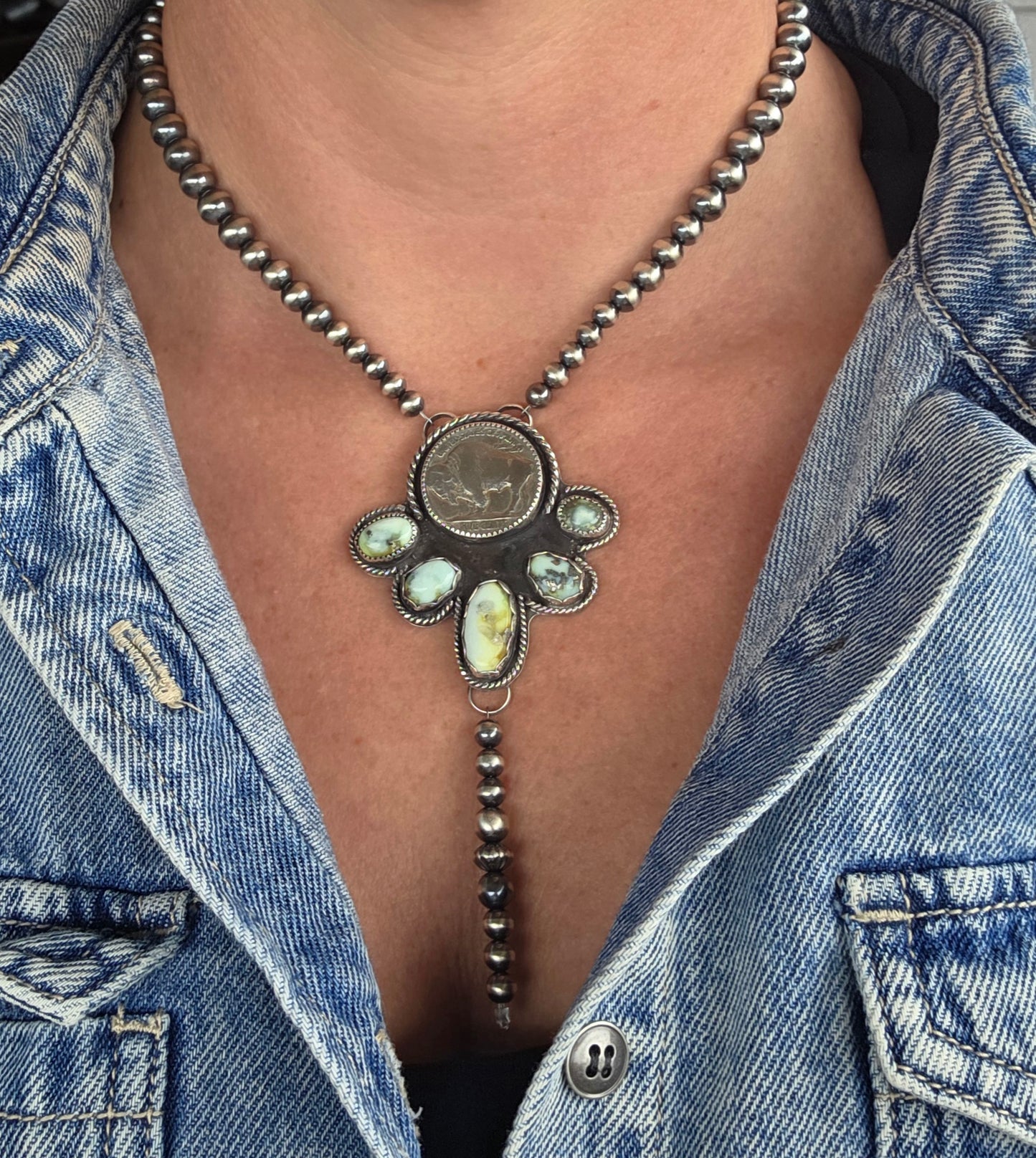 Buffalo Coin• Palomino & Sterling Silver Navajo Style Pearls. 16 inches