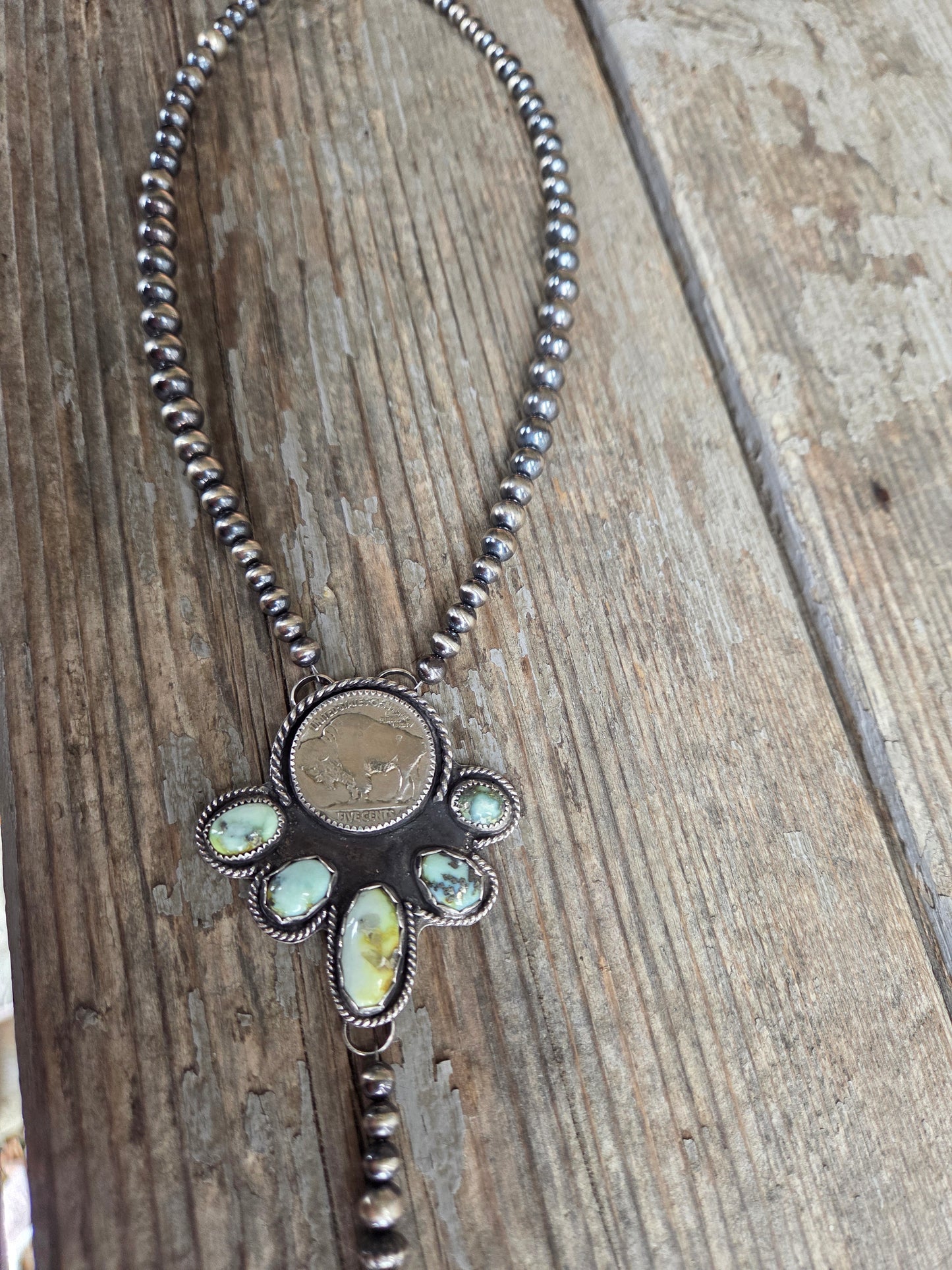 Buffalo Coin• Palomino & Sterling Silver Navajo Style Pearls. 16 inches