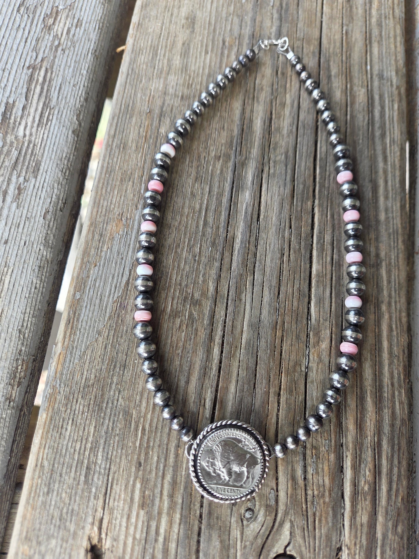 Buffalo Coin  & Pink Conch • Sterling Silver Pearls