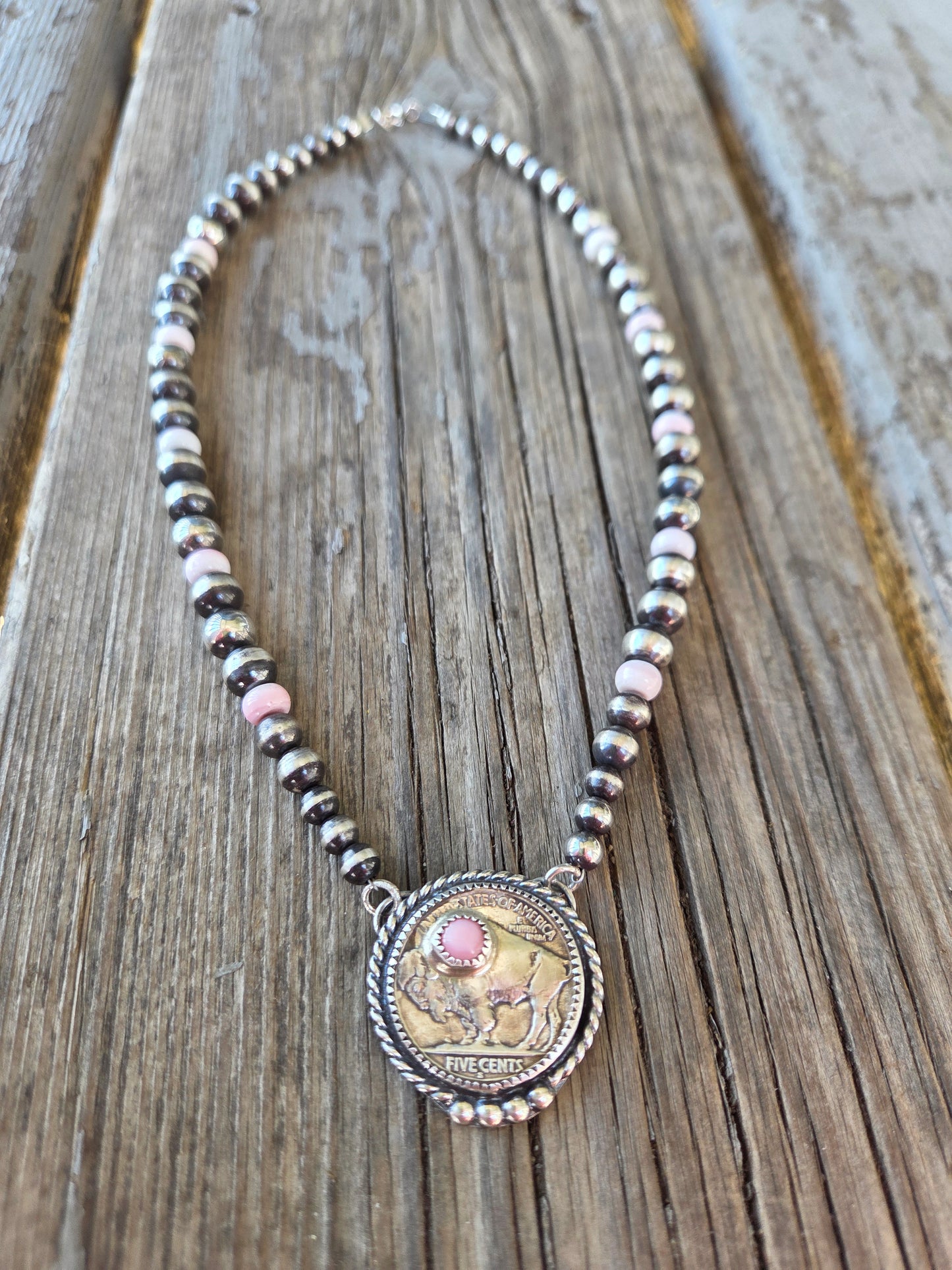 Buffalo Coin  & Pink Conch • Sterling Silver Pearls & Pink Conch Beads