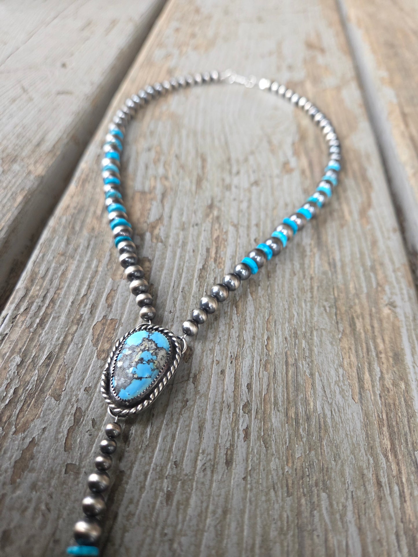 Golden Hill Turquoise Lariat & Sterling Silver Navajo Style Pearls & Turquoise 16 inches