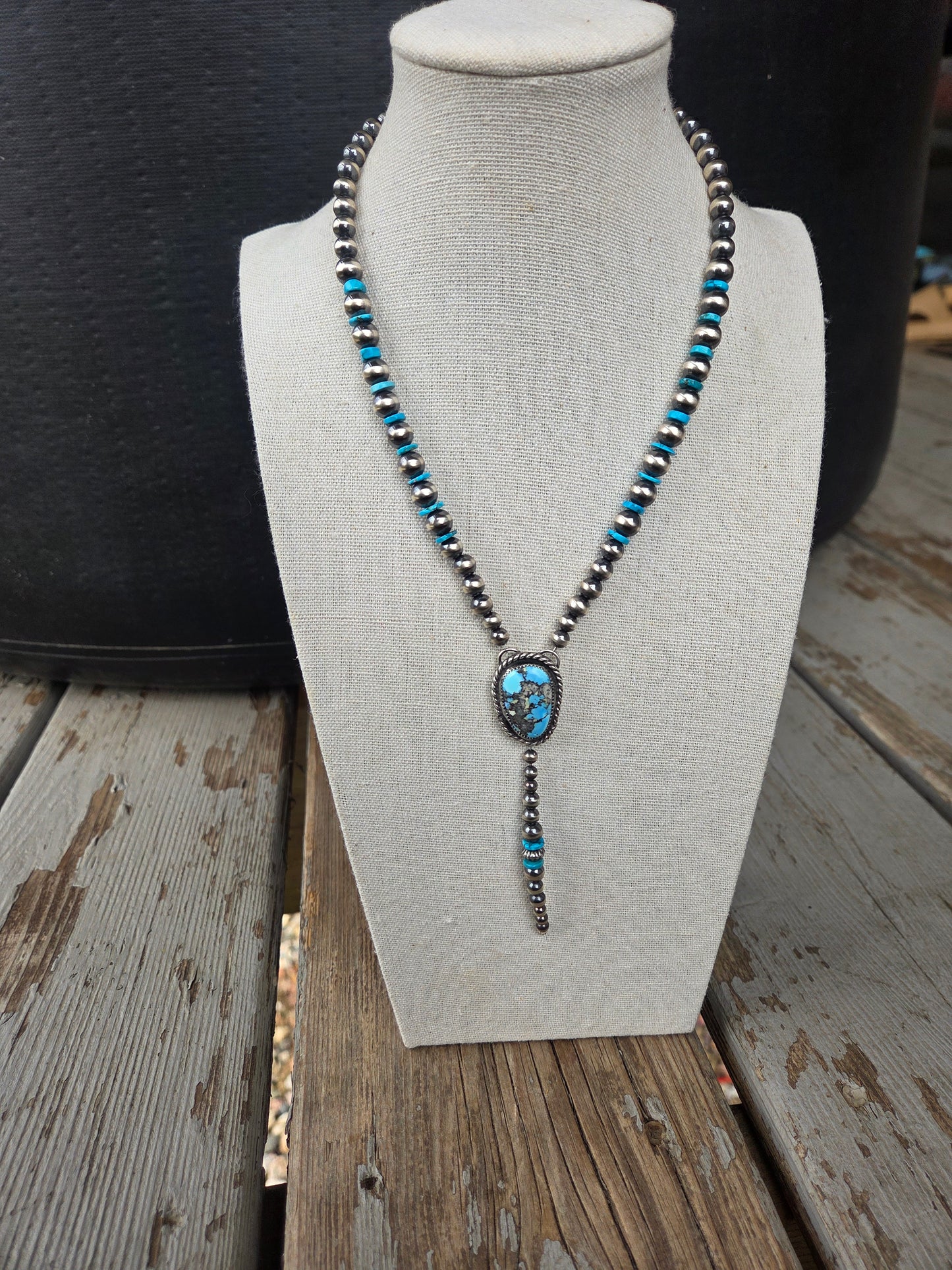 Golden Hill Turquoise Lariat & Sterling Silver Navajo Style Pearls & Turquoise 16 inches
