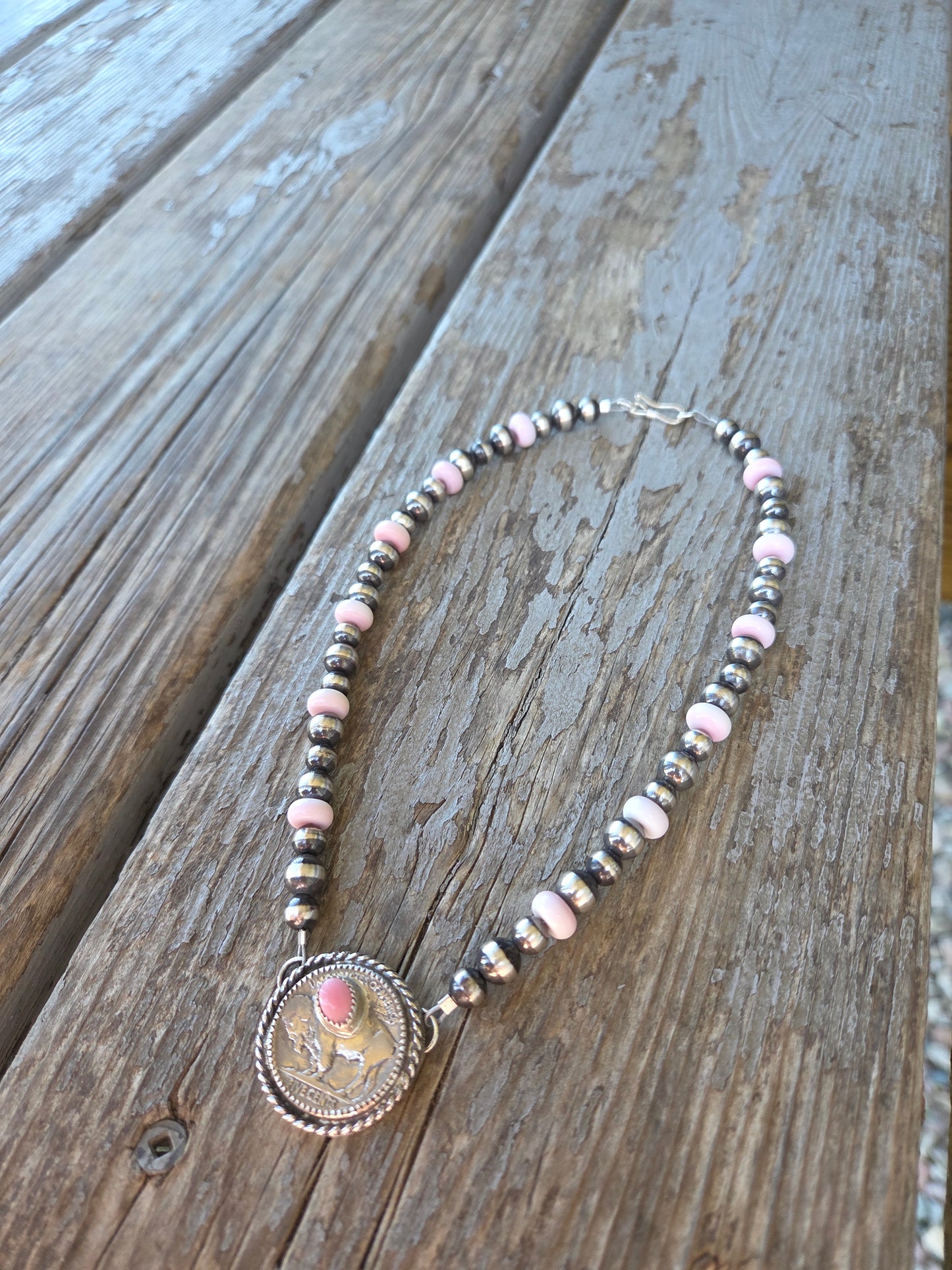 Buffalo Coin  & Pink Conch • Sterling Silver Pearls