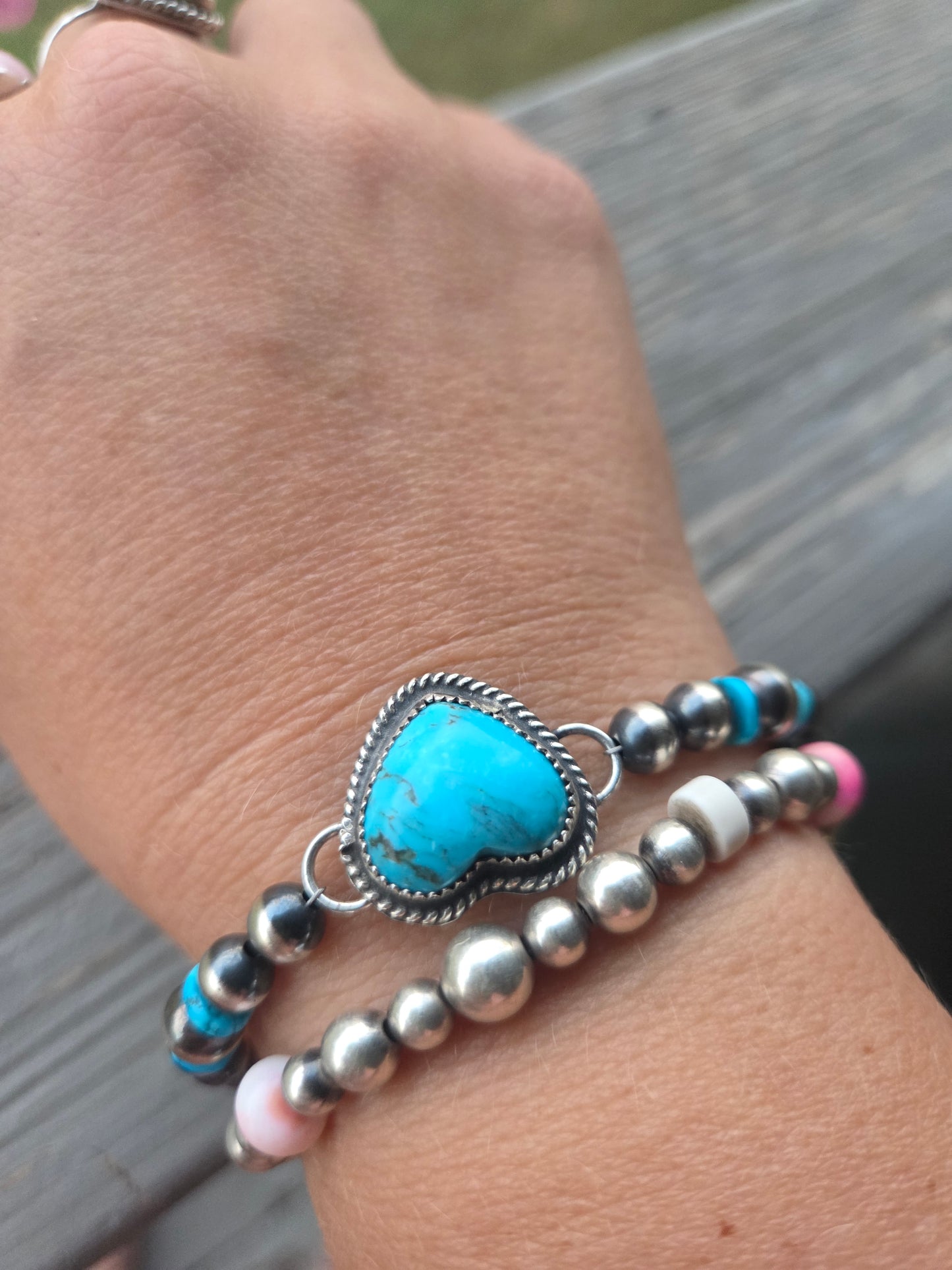 Kingsmen Heart •Sterling Silver Navajo Style Pearl • Turquoise Sterling Silver Adjustable clasp.  fits size 6.25-8