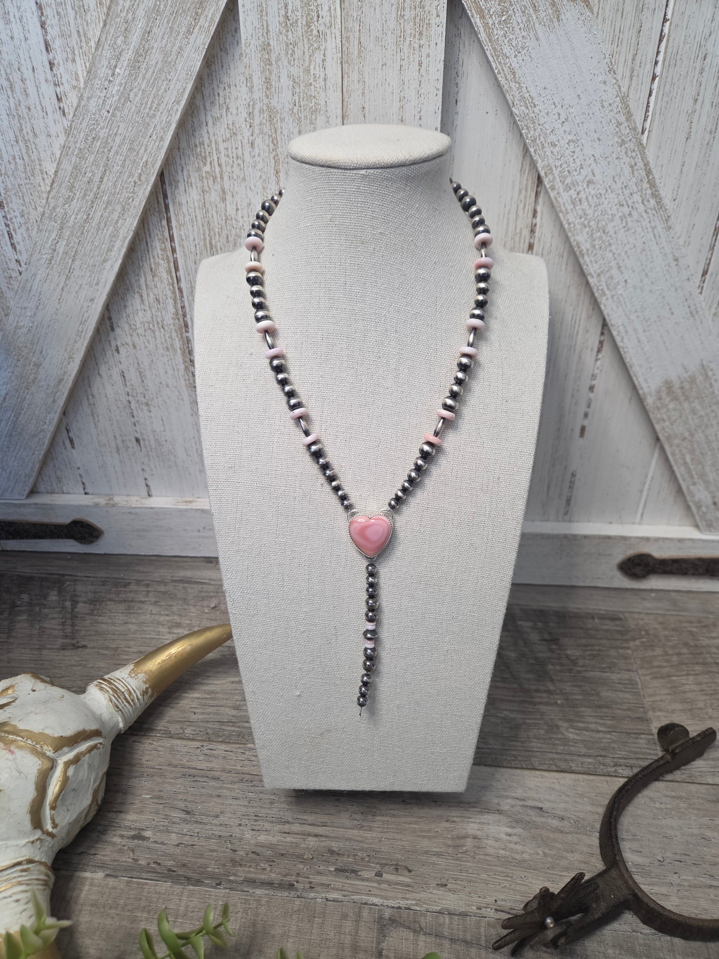 Pink Conch Lariat & Sterling Silver Navajo Style Pearls 16.5 inches