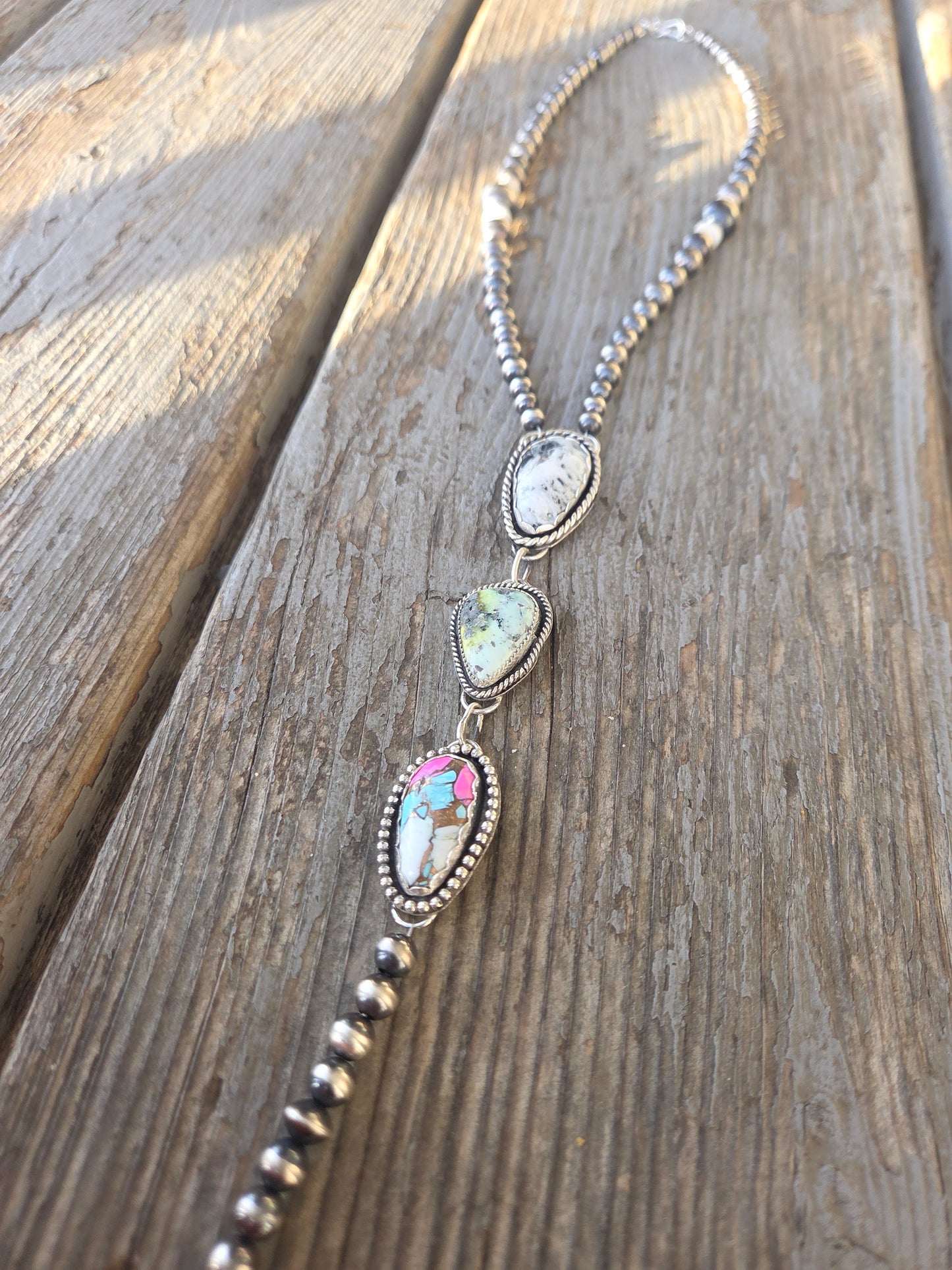 Lariat White Buffalo, Palomino, CottonCandy & Sterling Silver Navajo Style Pearl • 16 inches with 6 inch drop