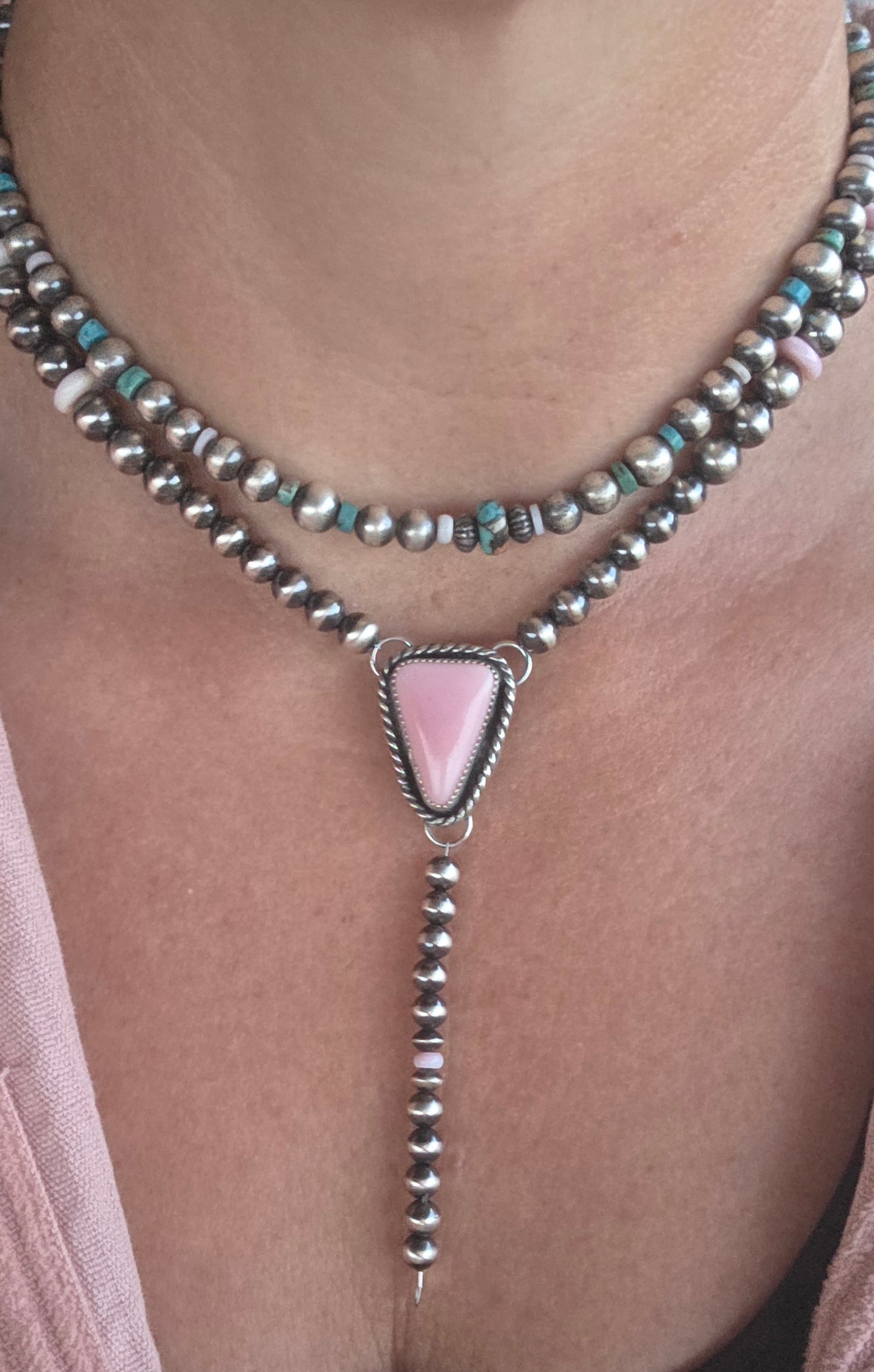 Pink Conch & Sterling Silver Navajo Style Pearls 16 inches