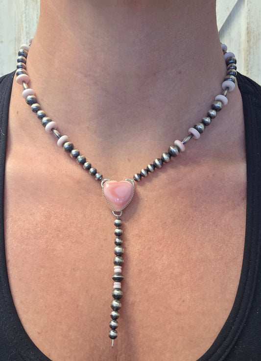 Pink Conch Lariat & Sterling Silver Navajo Style Pearls 16.5 inches