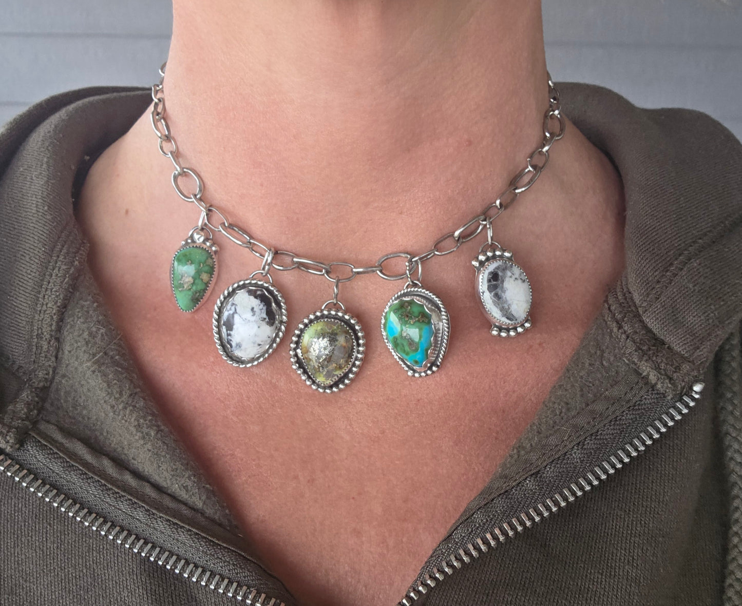 Choker Charm• Sonoran Turquoise • White Buffalo • Palomino •Adjustable up to 14.5 inches.