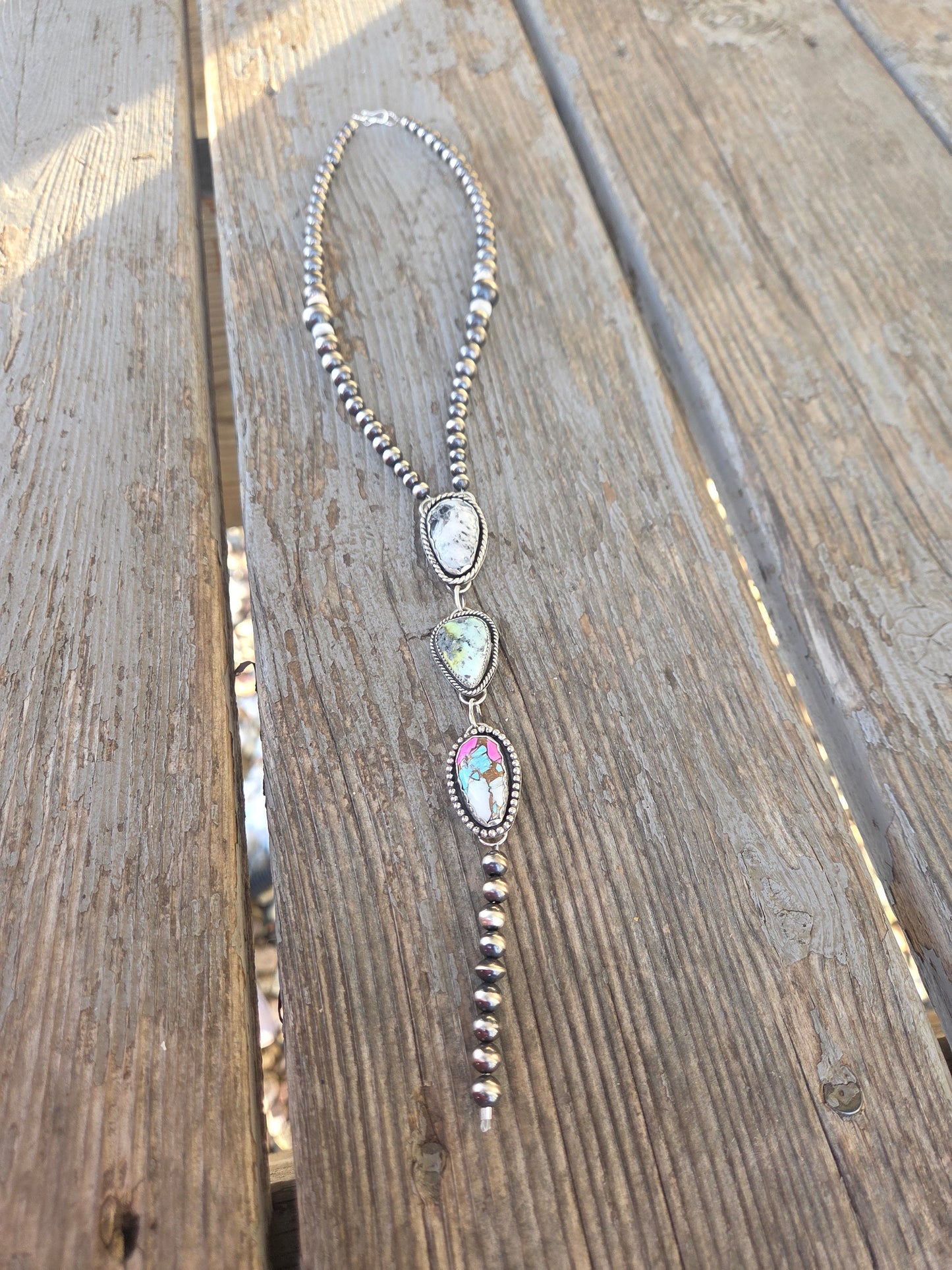 Lariat White Buffalo, Palomino, CottonCandy & Sterling Silver Navajo Style Pearl • 16 inches with 6 inch drop