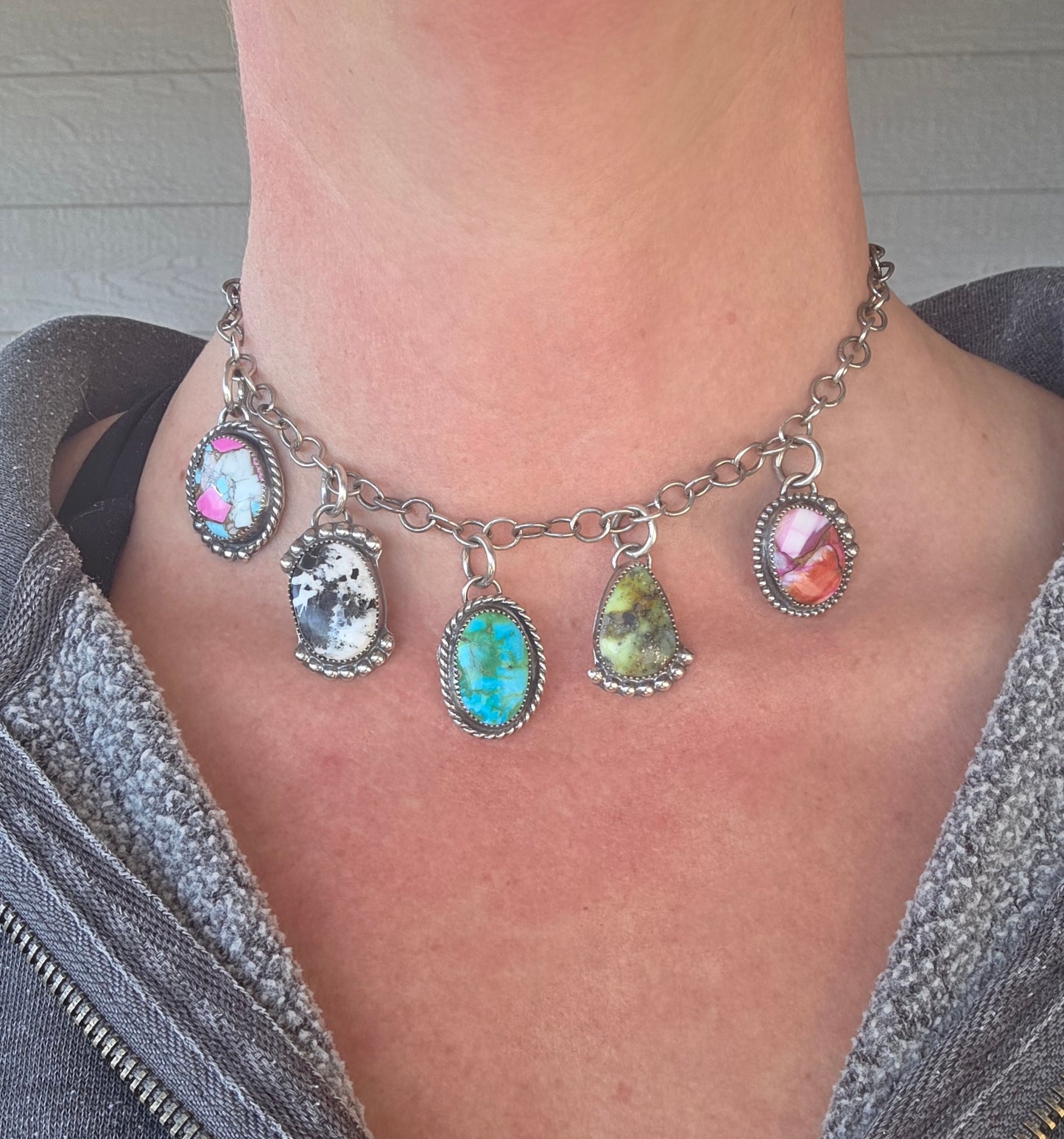 Choker Charm• Sierra Belle Turquoise • White Buffalo • Palomino • Cotton Candy • Pink Spiny Adjustable up to 16 inches.