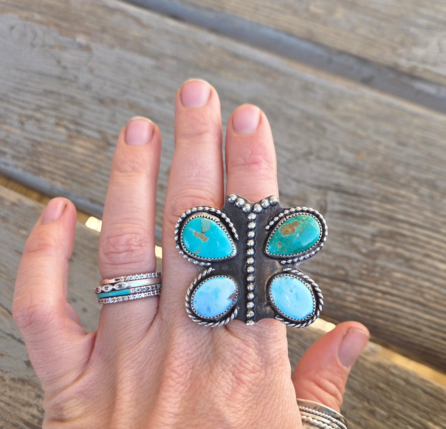 Butterfly Ring Chilean Turquoise & Golden Hill Turquoise Size 7