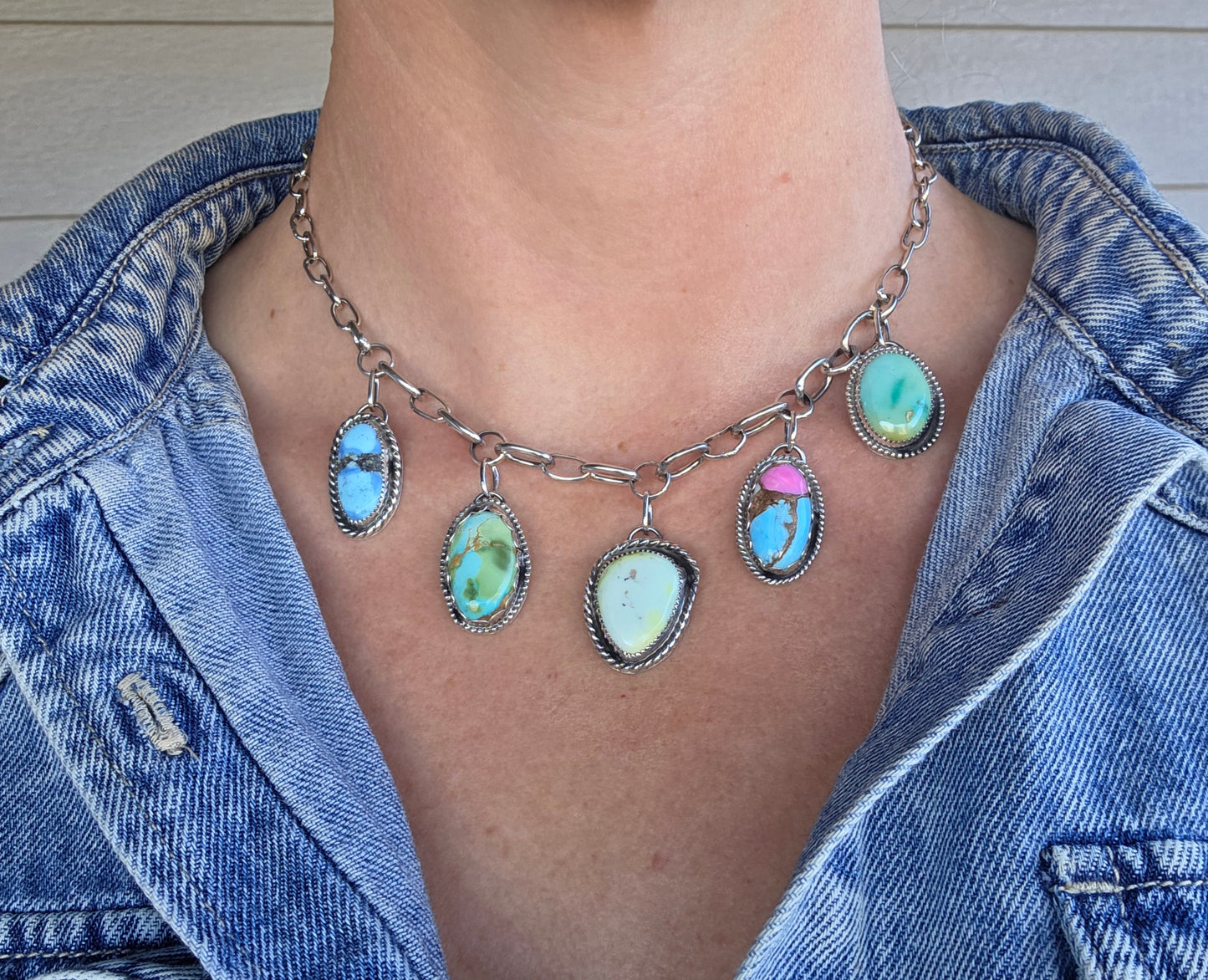 Golden Hill, Palomino, Sonoran Mountain, Cotton Candy, Emerald Valley Turquoise •Handmade Chain Link Choker Charm• Adjustable up to 16 inches