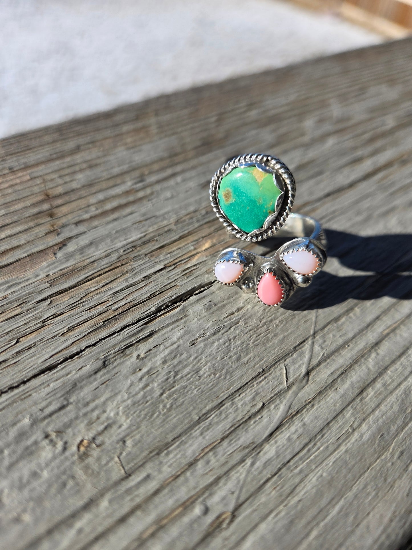 Pink Conch & Emerald Valley Turquoise Wrap ring