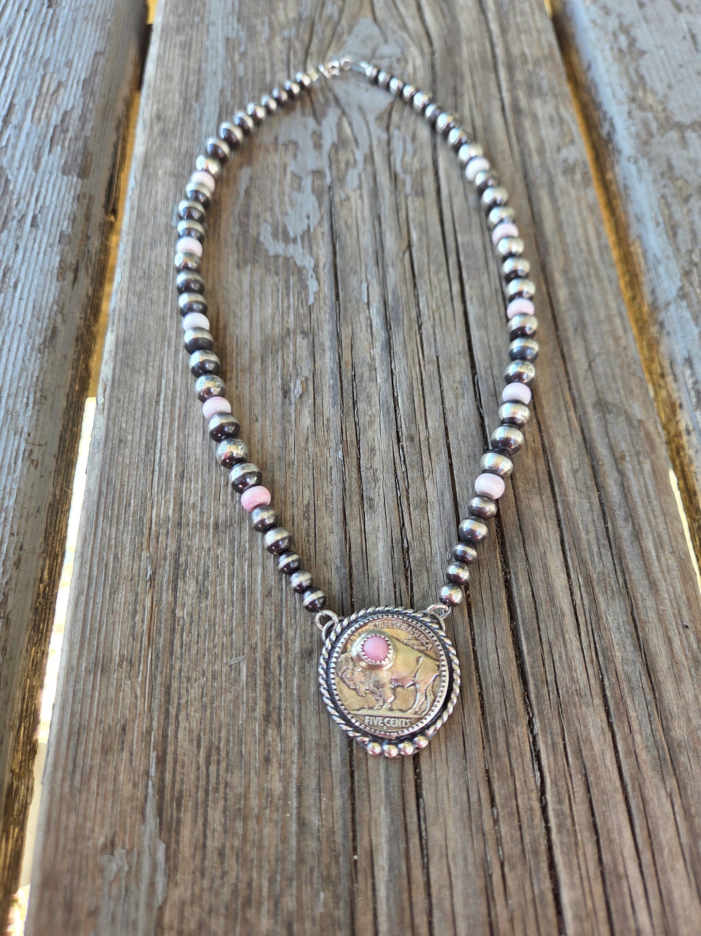 Buffalo Coin  & Pink Conch • Sterling Silver Pearls & Pink Conch Beads