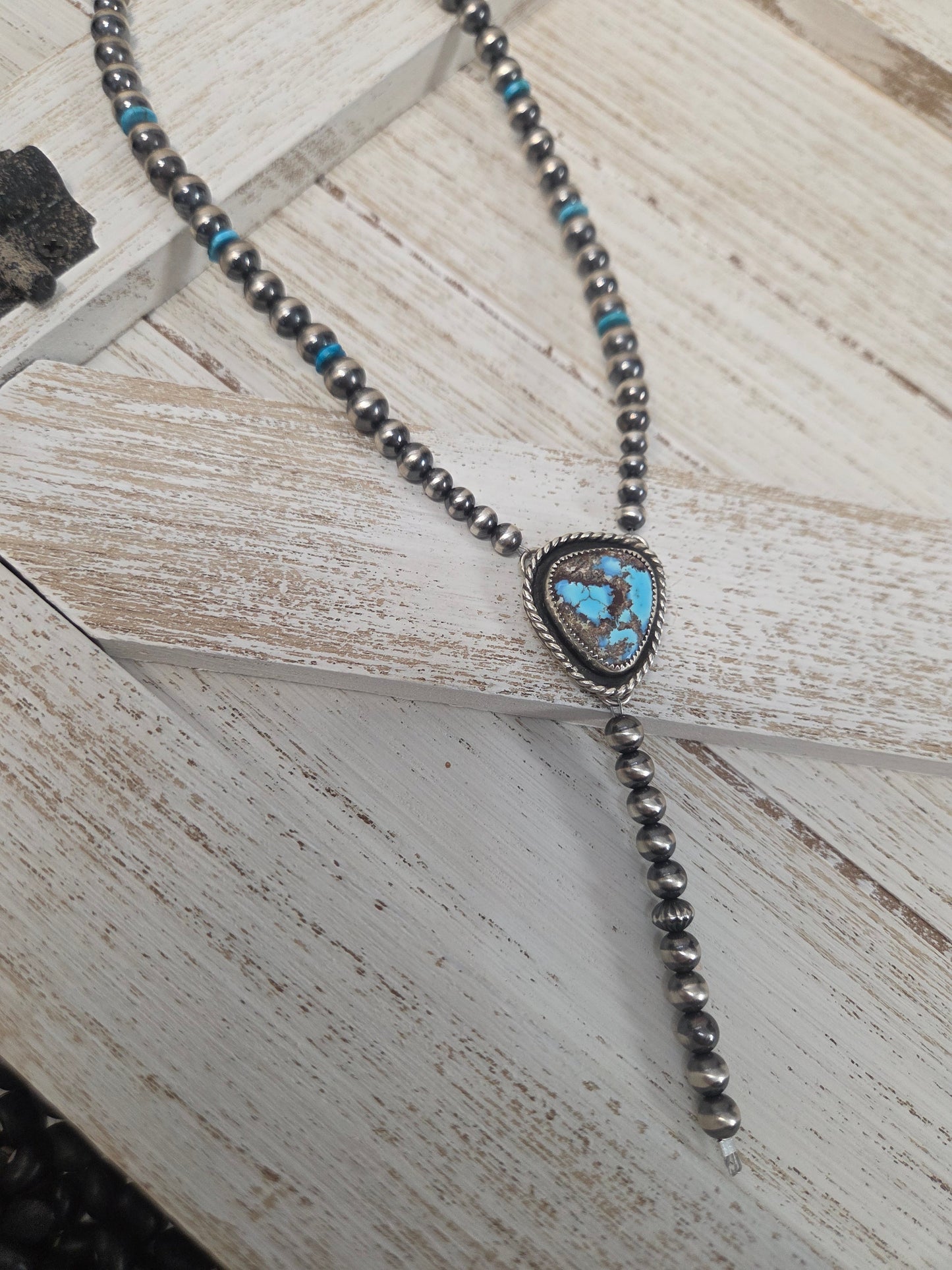 Golden Hill Turquoise Lariat & Sterling Silver Navajo Style Pearls & Turquoise 16 inches