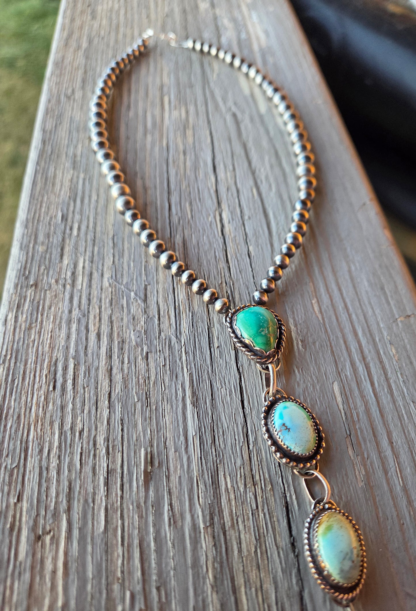 Emerald & Golden Hill Turquoise & Sterling Silver Navajo Style Pearl • 15.5 inches with 5.5 inch drop