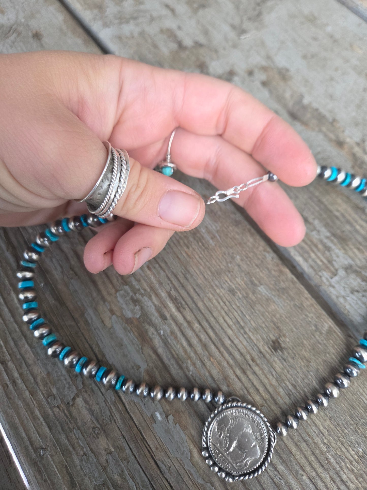 Buffalo Coin•Turquoise • Sterling Silver Navajo Style Pearls