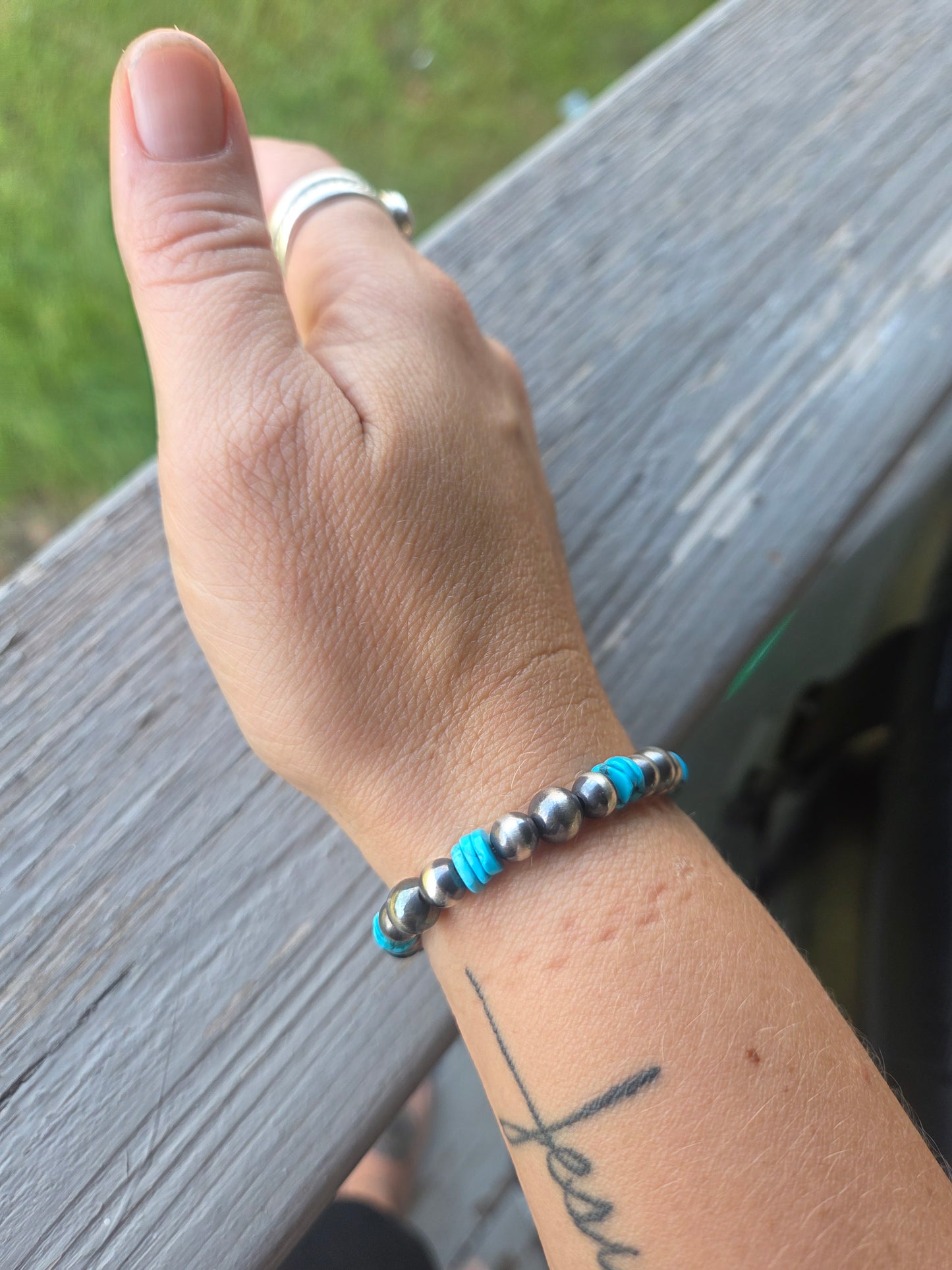 Turquoise & Sterling Silver Navajo Style Pearls.  Stretch Bracelet