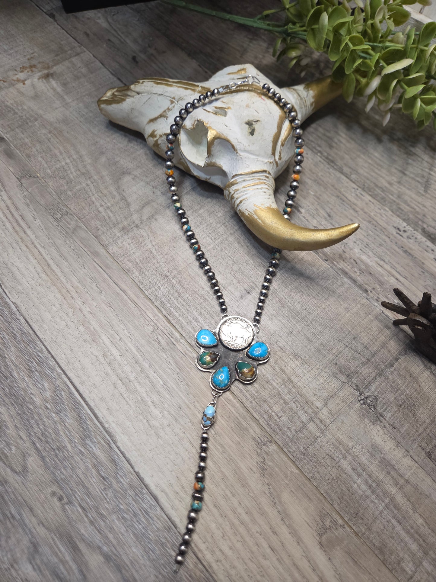 Buffalo Coin• Blue Bird Turquoise • Kingsmen Turquoise • Golden Hills Turquoise. Sterling Pearls & Spiny Oyster Kingsmen