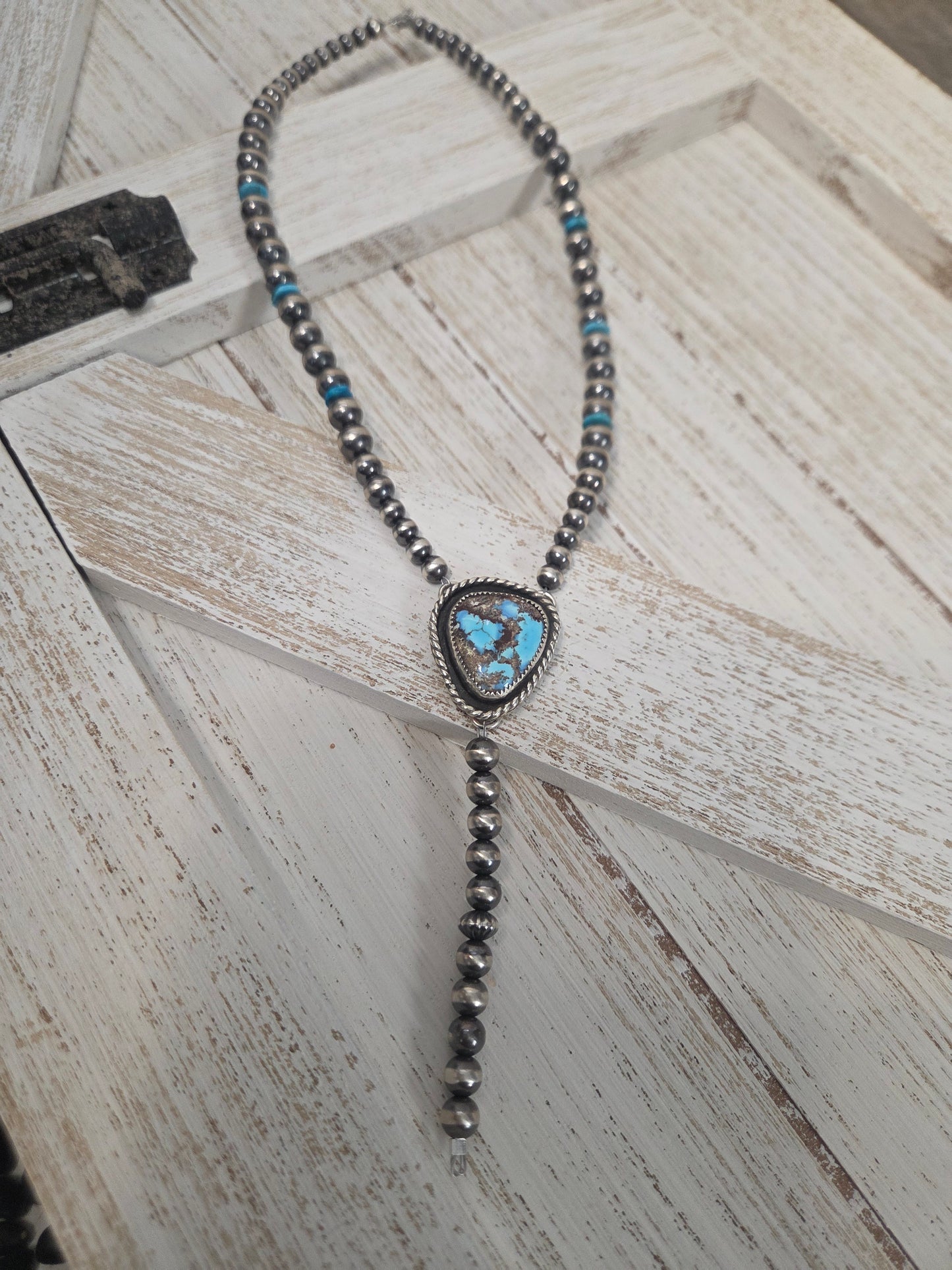 Golden Hill Turquoise Lariat & Sterling Silver Navajo Style Pearls & Turquoise 16 inches