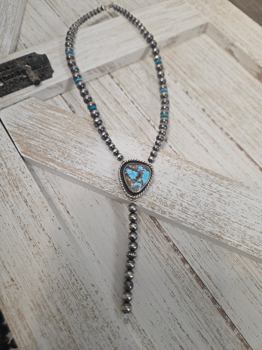 Golden Hill Turquoise Lariat & Sterling Silver Navajo Style Pearls & Turquoise 16 inches
