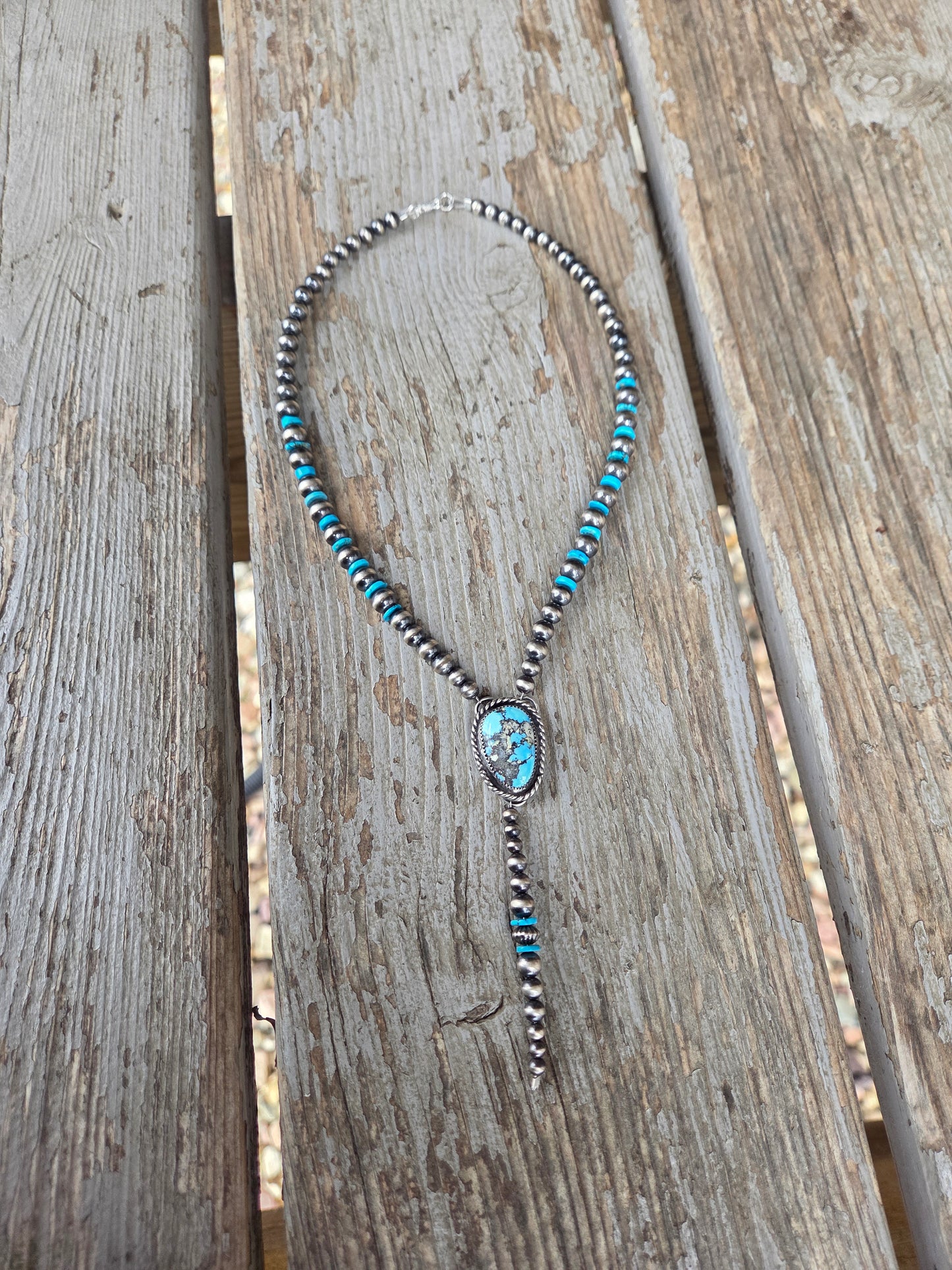 Golden Hill Turquoise Lariat & Sterling Silver Navajo Style Pearls & Turquoise 16 inches
