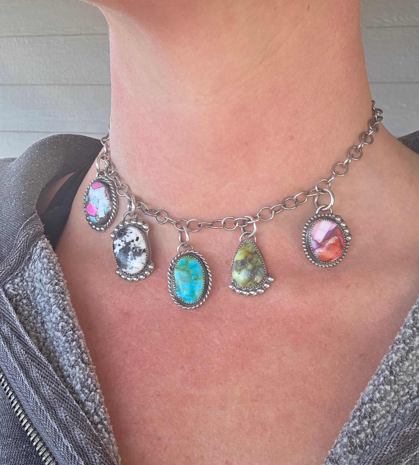 Choker Charm• Sierra Belle Turquoise • White Buffalo • Palomino • Cotton Candy • Pink Spiny Adjustable up to 16 inches.