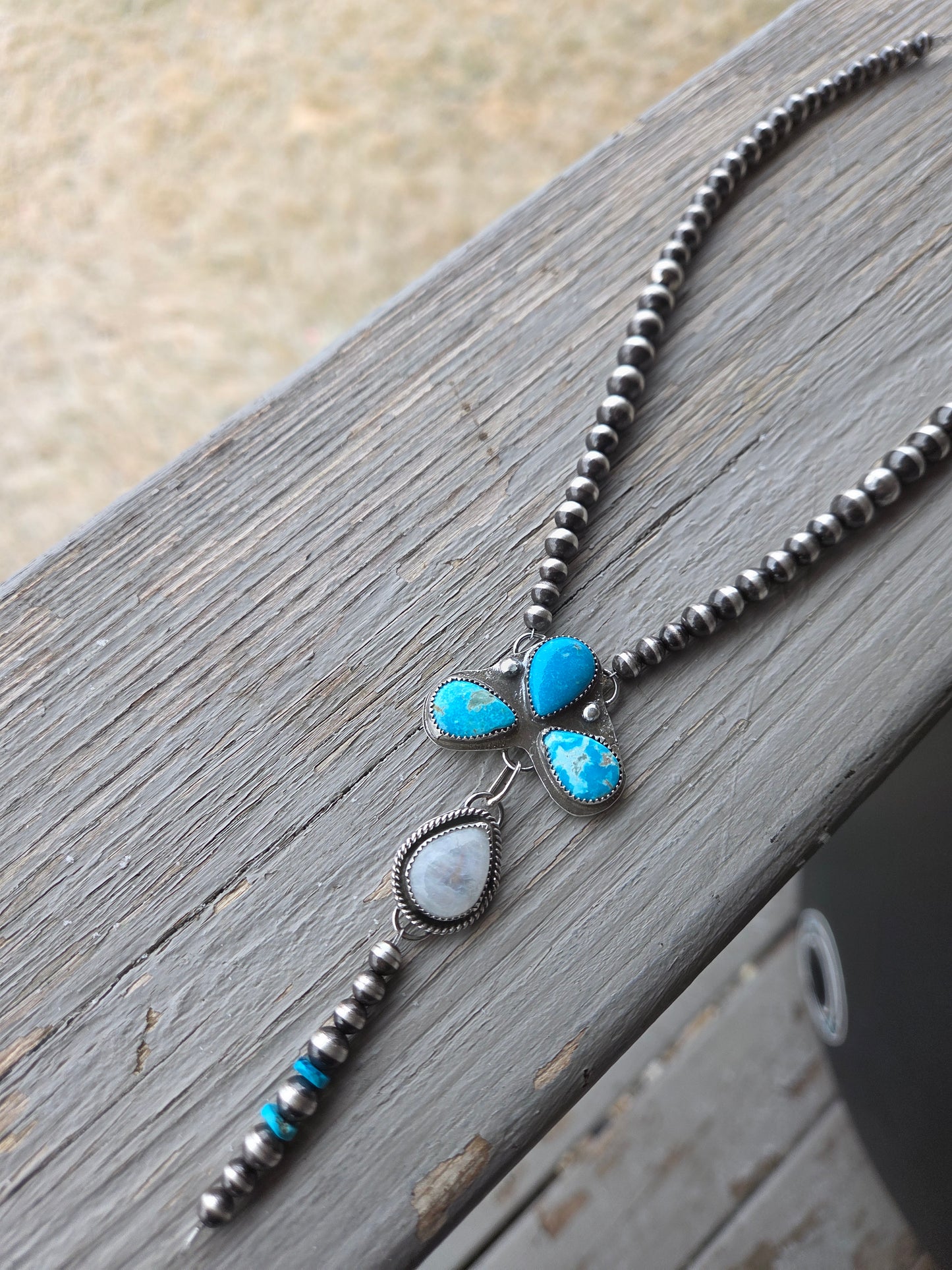 Blue Bird Turquoise & Moonstone Lariat & Sterling Silver Navajo Style Pearls 16 inches