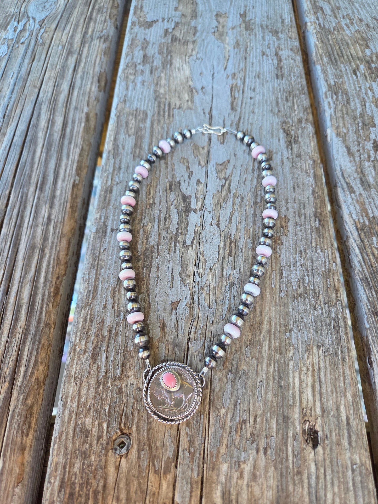 Buffalo Coin  & Pink Conch • Sterling Silver Pearls