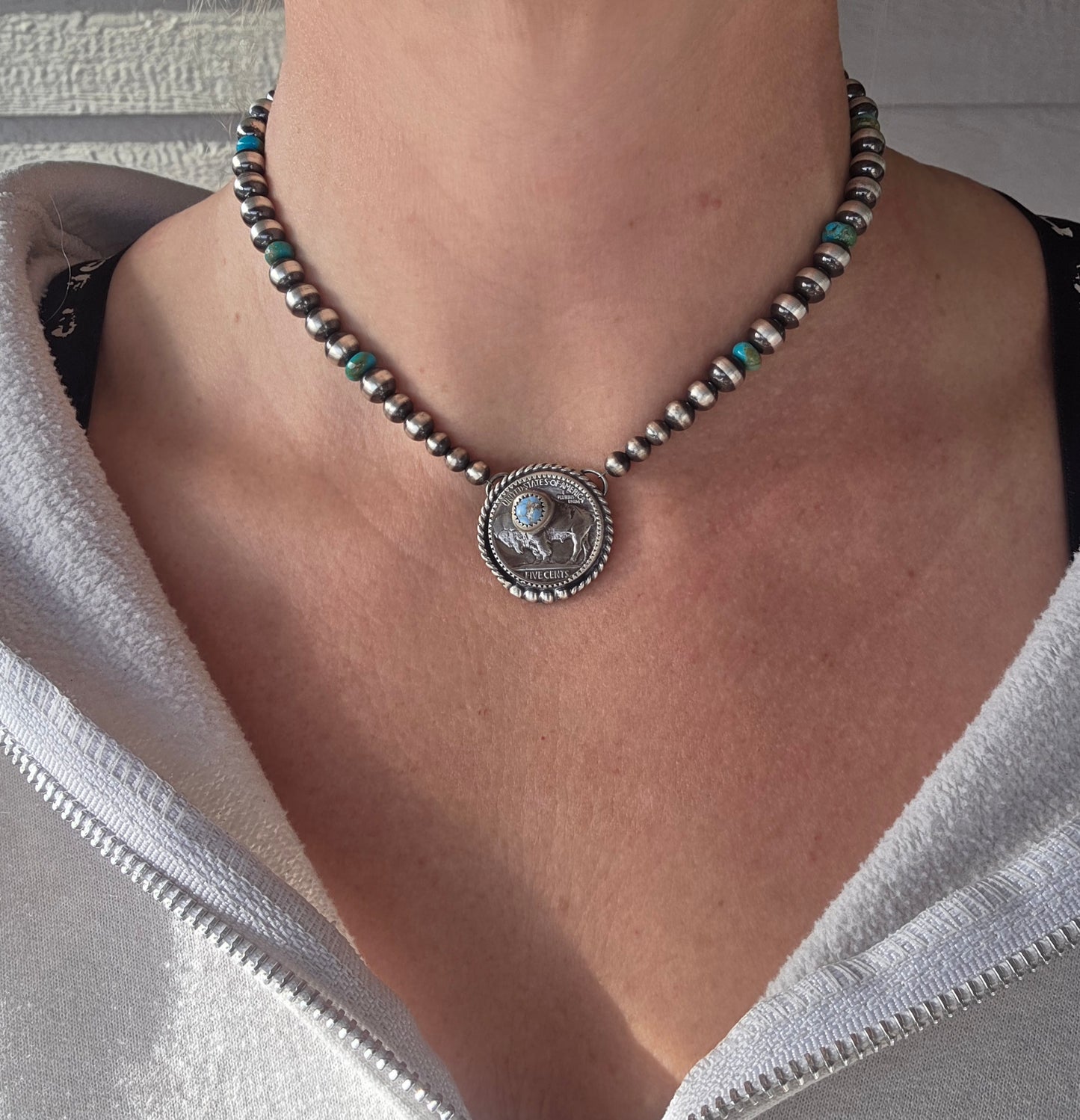 Buffalo Coin  & Golden Hills Turquoise • Sterling Silver Pearls • Kingsmen Beads